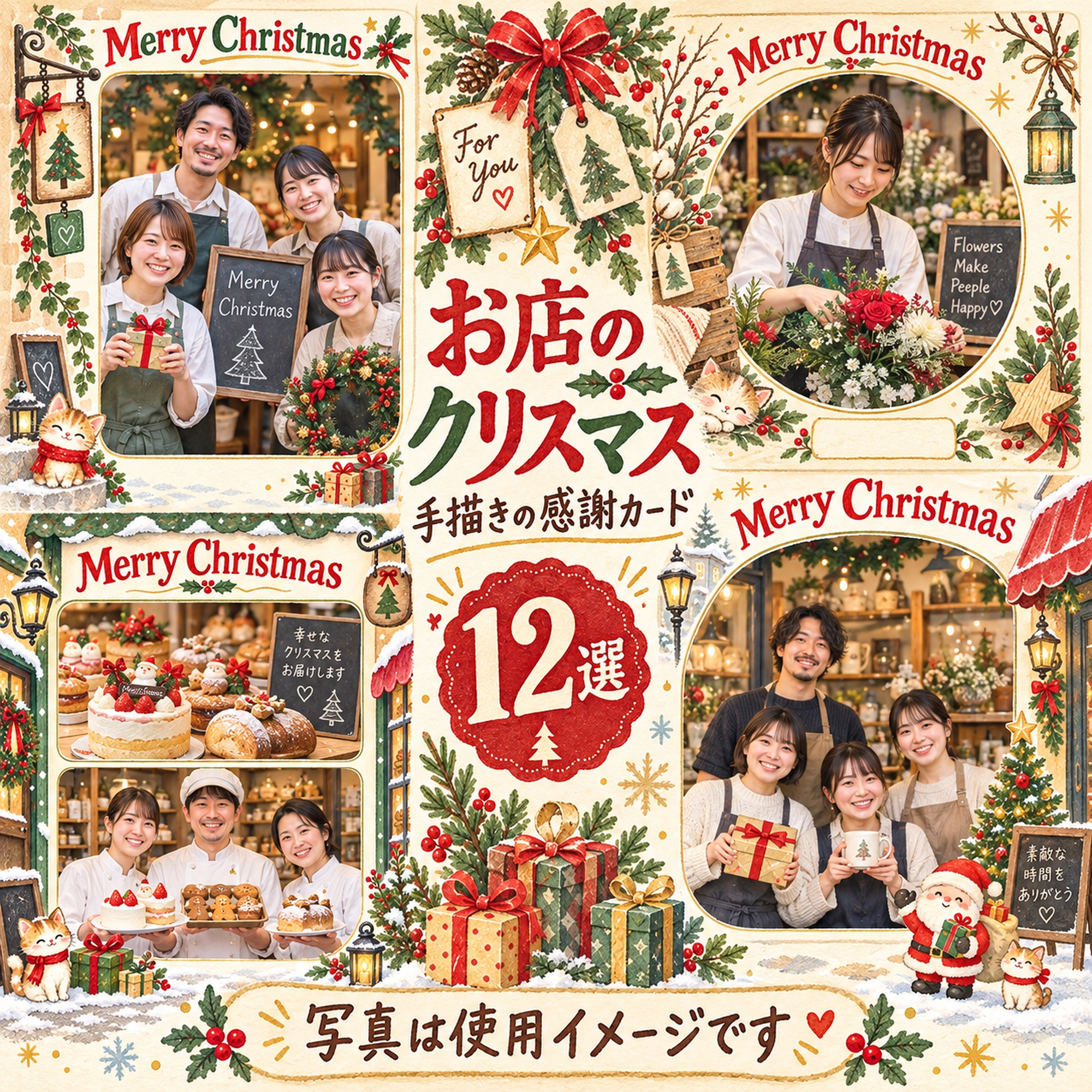 お店・スタッフのクリスマス写真フレーム12選｜手描きの感謝カードの無料イラスト素材 100270に写真・文字を入れる