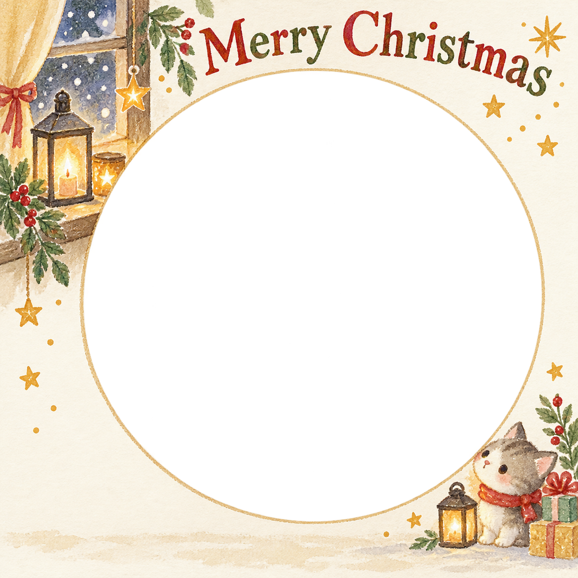 窓辺の灯りのお店・スタッフのクリスマス写真フレーム｜手描きの感謝カード・無料イラスト 100271に写真・文字を入れる
