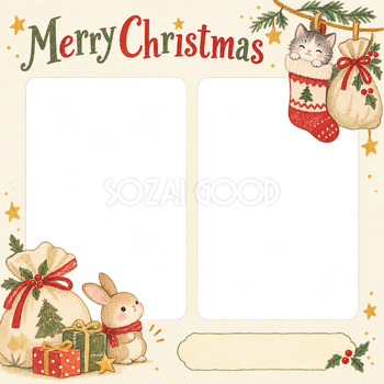 くつしたと袋のお店・スタッフのクリスマス写真フレーム｜手描きの感謝カード・無料イラスト 100274