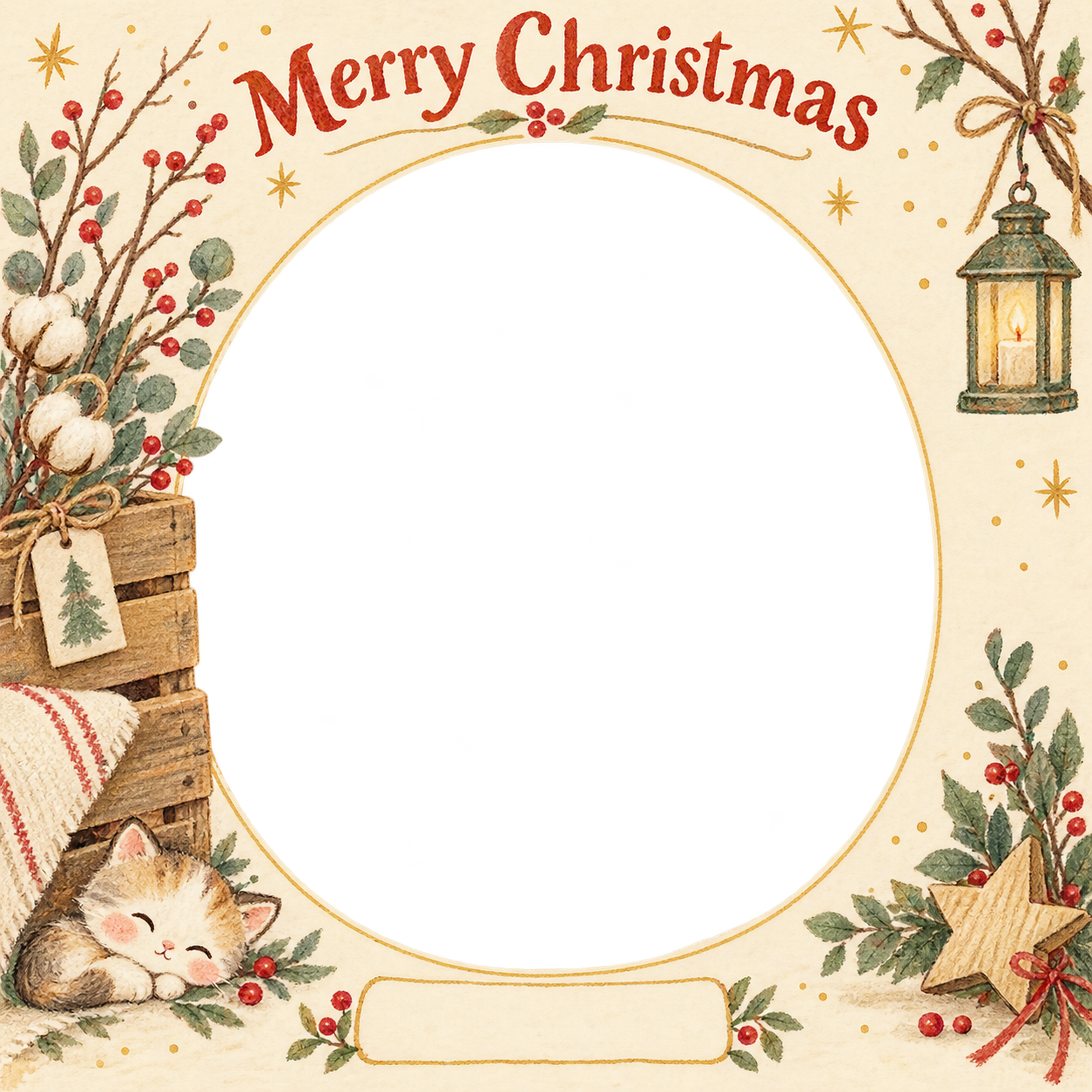 木箱と冬の枝のお店・スタッフのクリスマス写真フレーム｜手描きの感謝カード・無料イラスト 100275に写真・文字を入れる