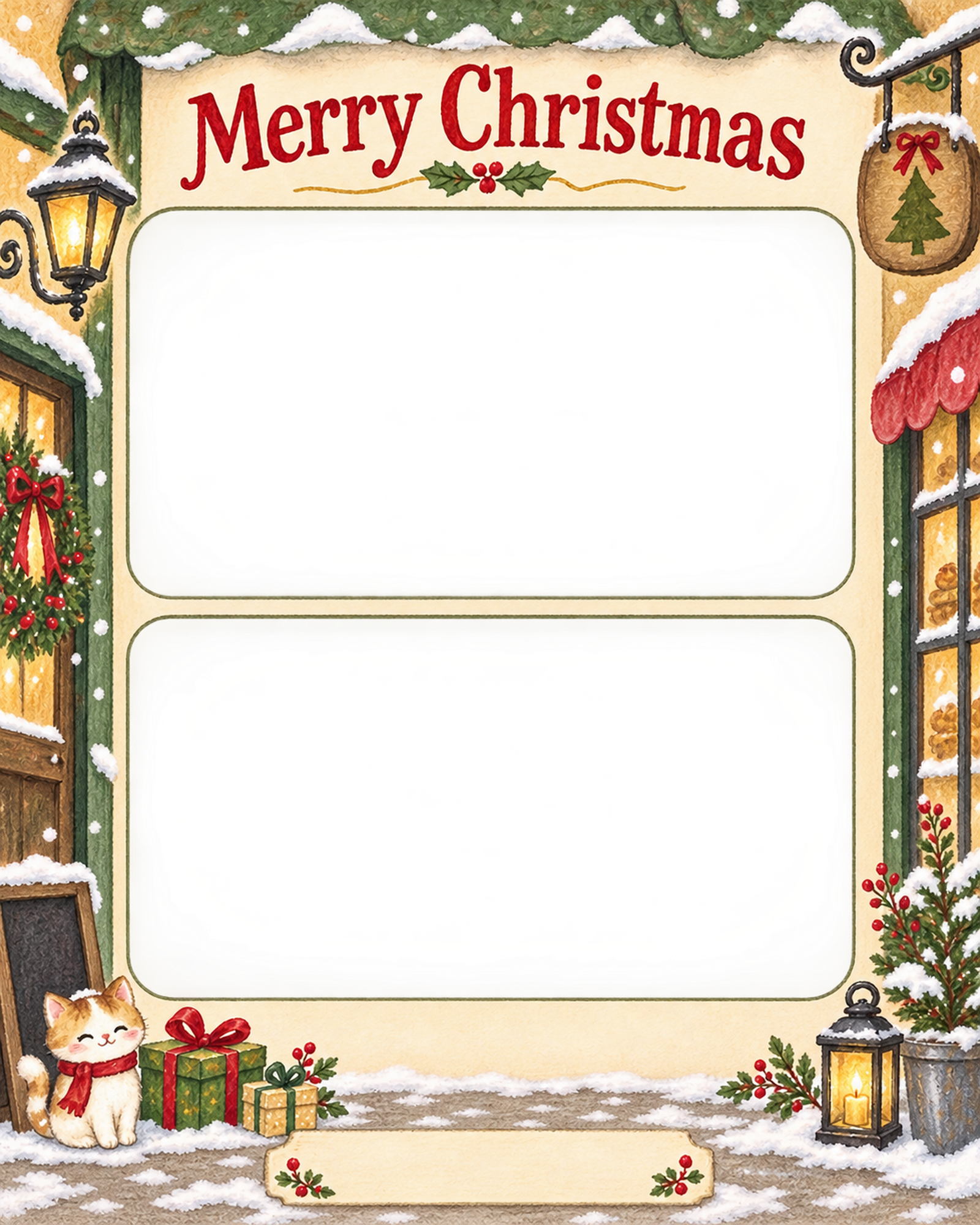 雪の日の店先のお店・スタッフのクリスマス写真フレーム｜手描きの感謝カード・無料イラスト 100276に写真・文字を入れる