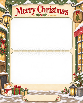 雪の日の店先のお店・スタッフのクリスマス写真フレーム｜手描きの感謝カード・無料イラスト 100276