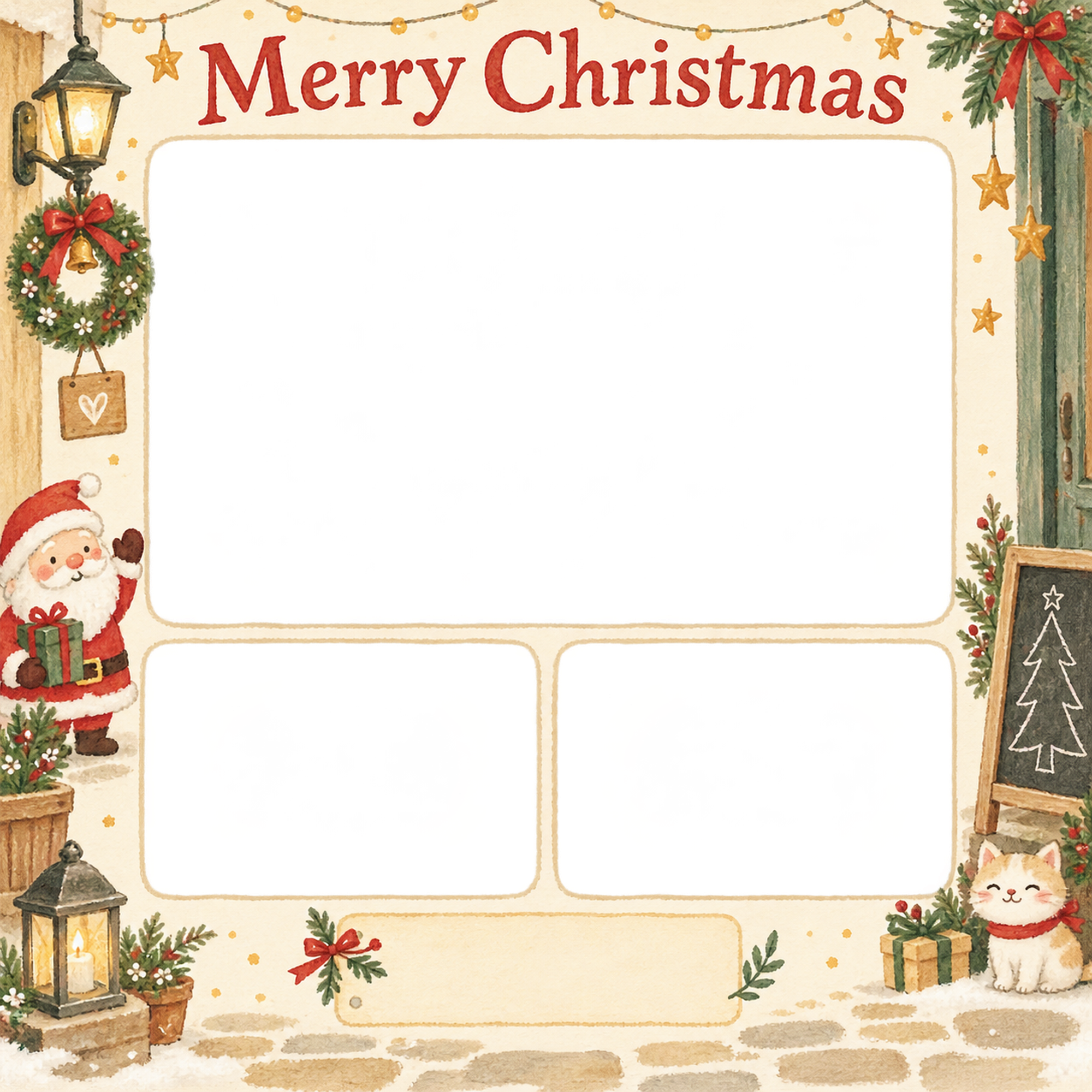 入口の小さなリースのお店・スタッフのクリスマス写真フレーム｜手描きの感謝カード・無料イラスト 100277に写真・文字を入れる