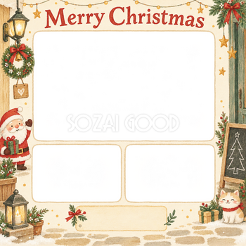 入口の小さなリースのお店・スタッフのクリスマス写真フレーム｜手描きの感謝カード・無料イラスト 100277