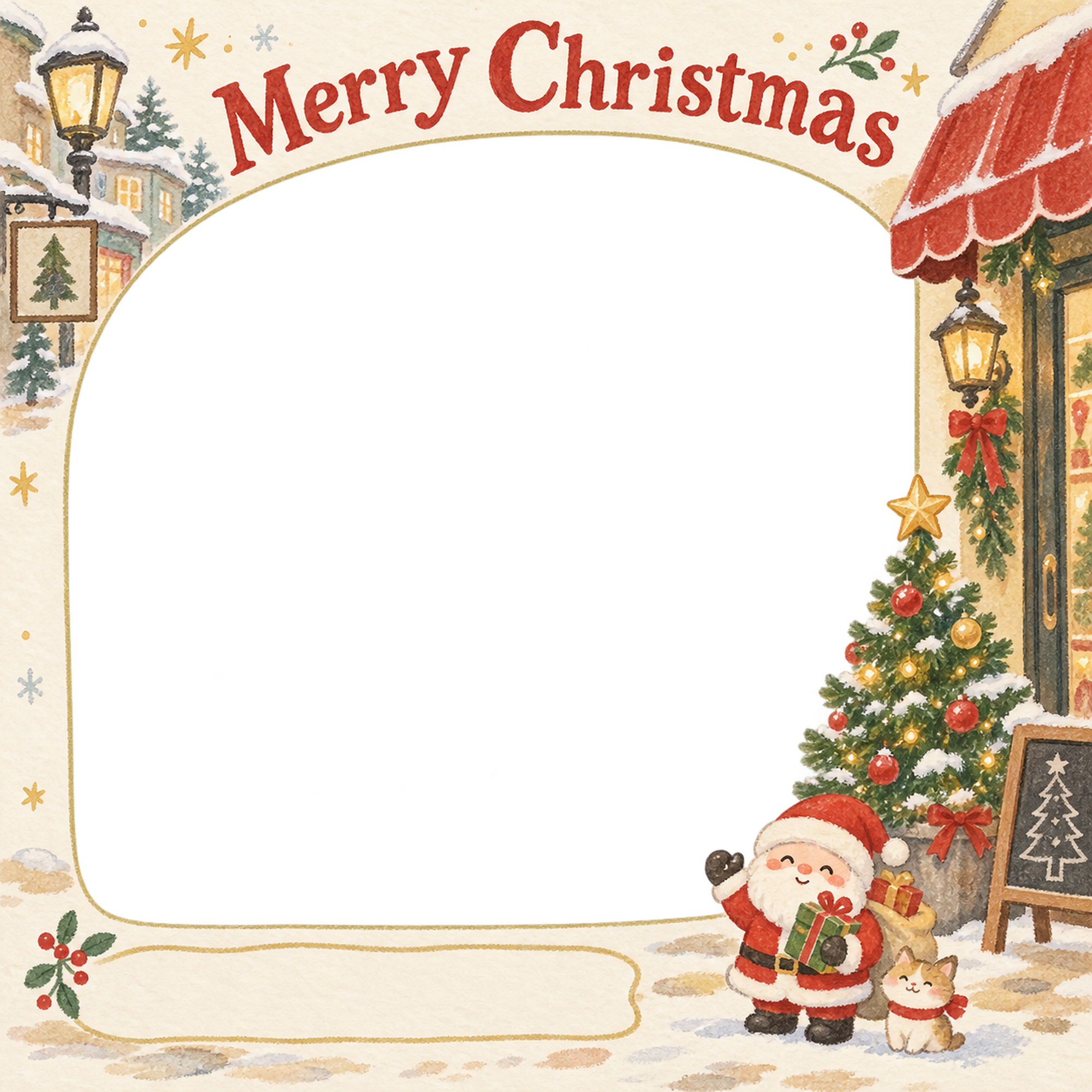 店先のツリーのお店・スタッフのクリスマス写真フレーム｜手描きの感謝カード・無料イラスト 100278に写真・文字を入れる