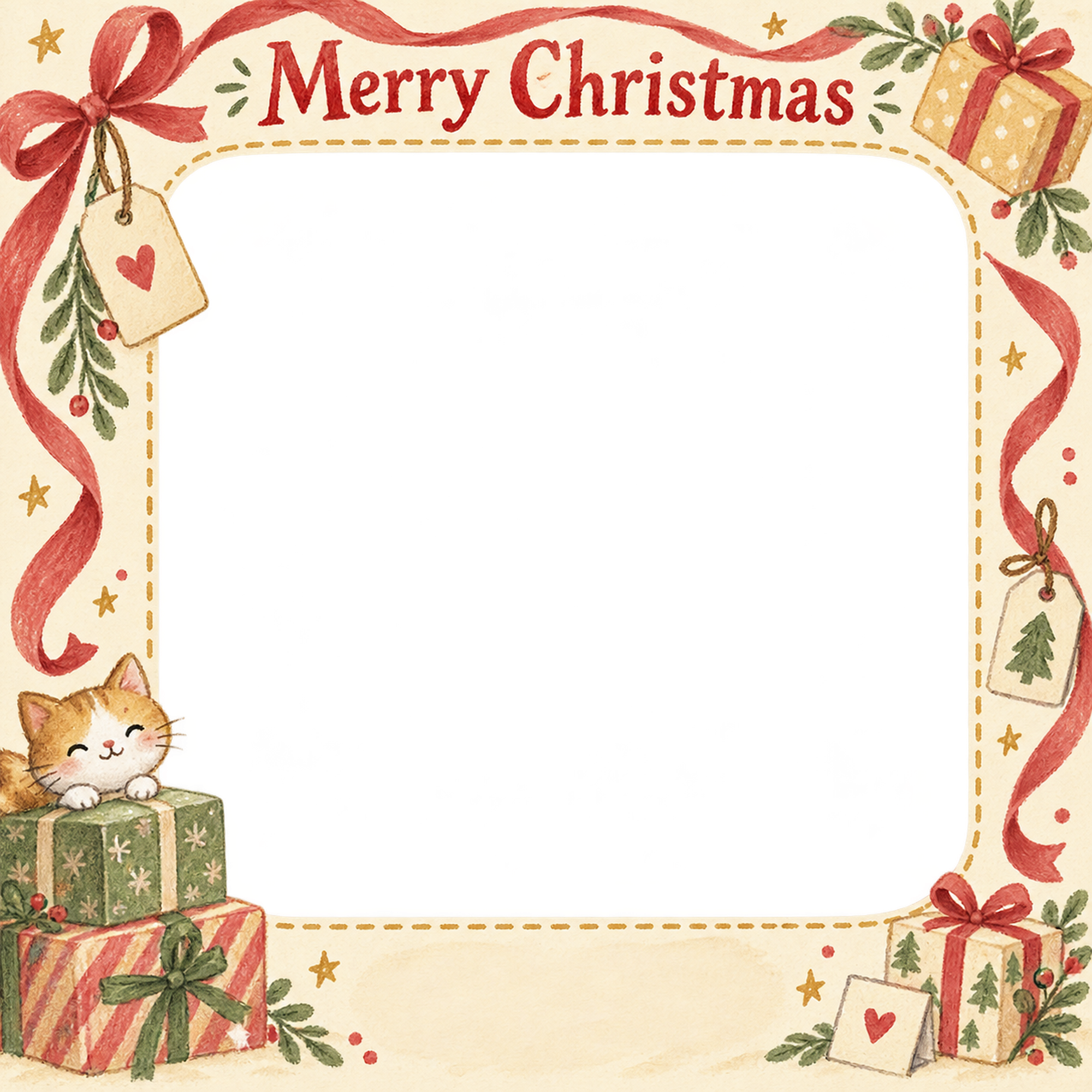 贈り物とタグのお店・スタッフのクリスマス写真フレーム｜手描きの感謝カード・無料イラスト 100279に写真・文字を入れる