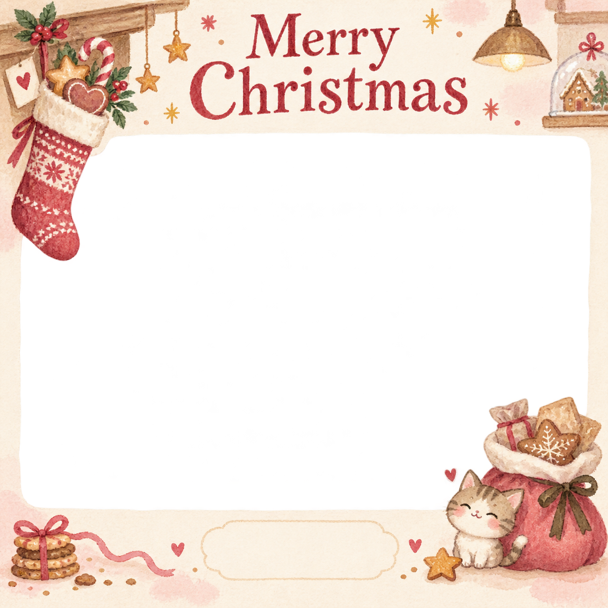 くつしたと袋のお店・スタッフのクリスマス写真フレーム｜お菓子とおもてなし・無料イラスト 100284に写真・文字を入れる