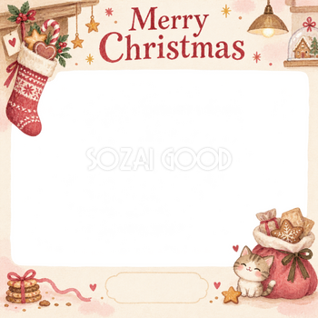 くつしたと袋のお店・スタッフのクリスマス写真フレーム｜お菓子とおもてなし・無料イラスト 100284