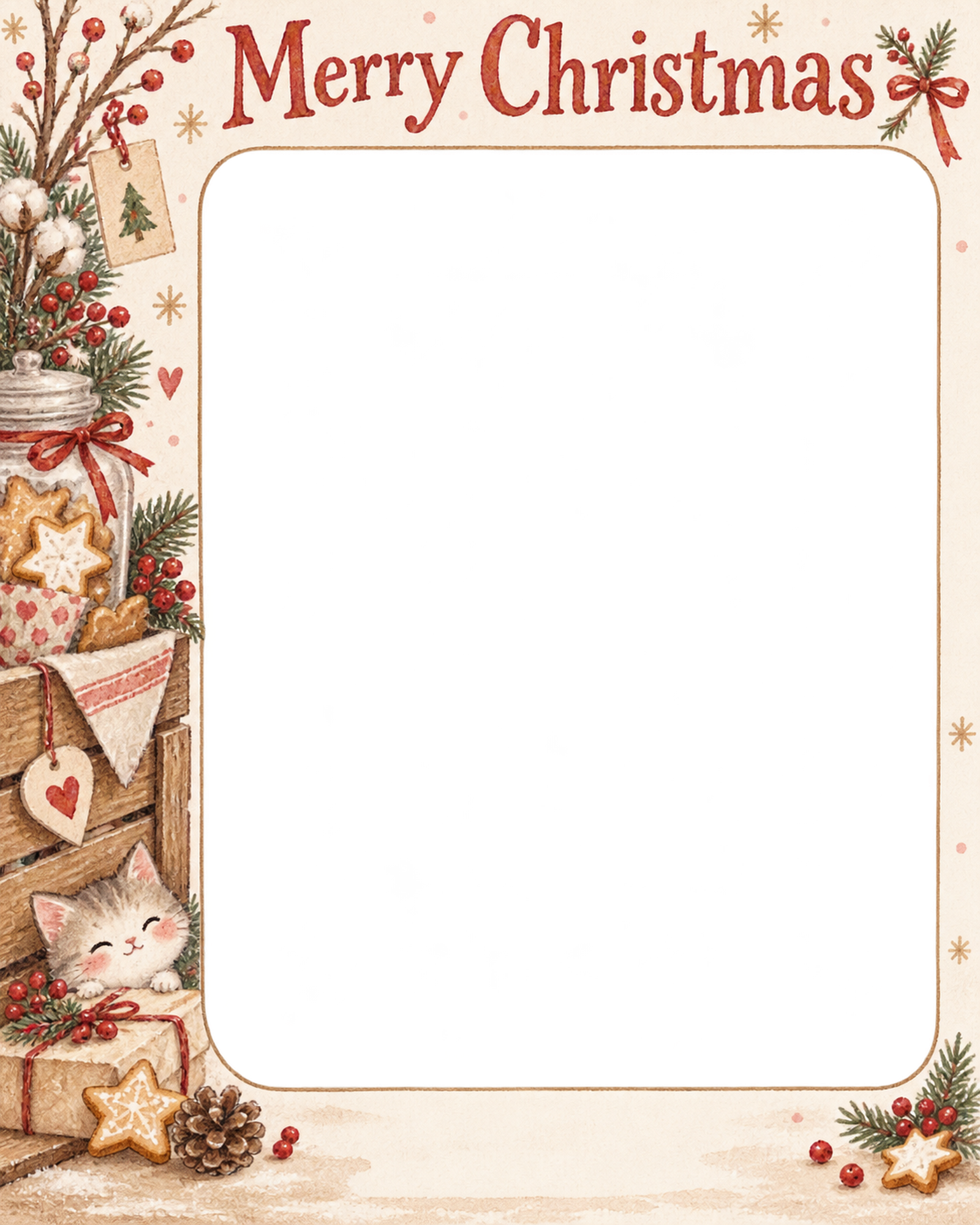木箱と冬の枝のお店・スタッフのクリスマス写真フレーム｜お菓子とおもてなし・無料イラスト 100285に写真・文字を入れる