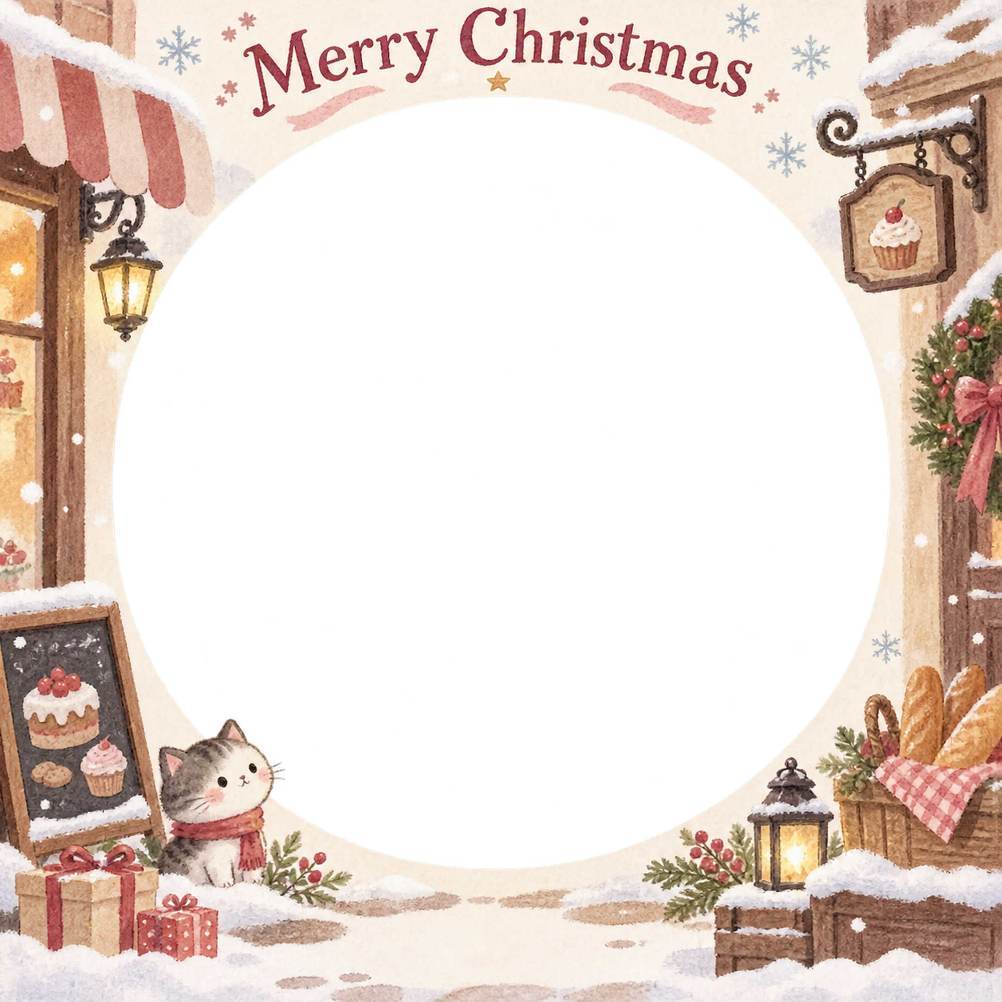 雪の日の店先のお店・スタッフのクリスマス写真フレーム｜お菓子とおもてなし・無料イラスト 100286に写真・文字を入れる