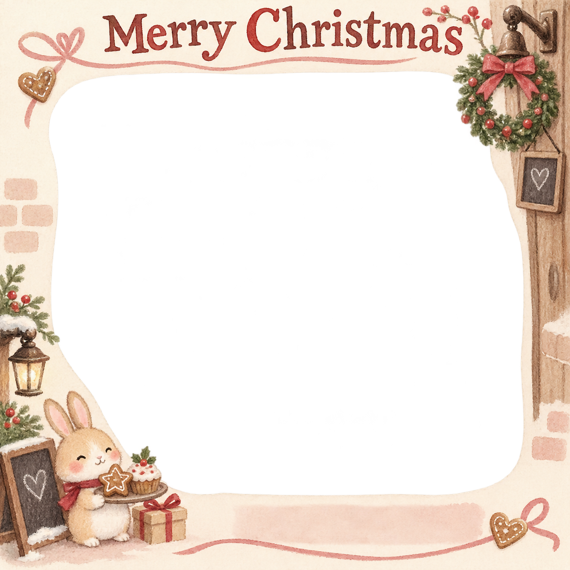 入口の小さなリースのお店・スタッフのクリスマス写真フレーム｜お菓子とおもてなし・無料イラスト 100287に写真・文字を入れる