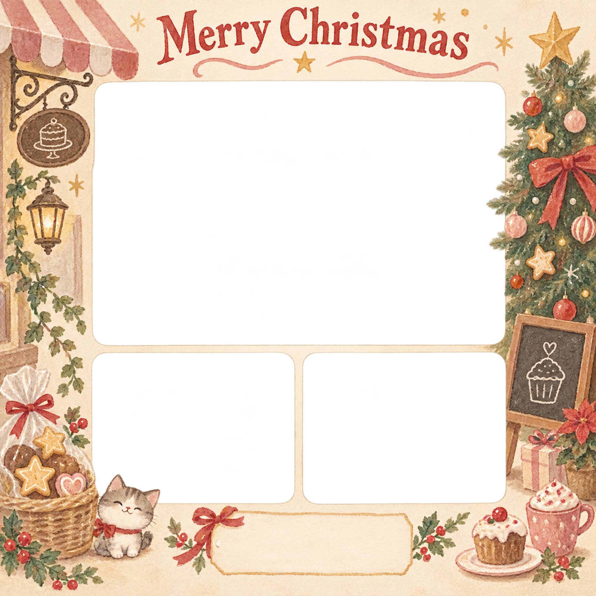 店先のツリーのお店・スタッフのクリスマス写真フレーム｜お菓子とおもてなし・無料イラスト 100288に写真・文字を入れる