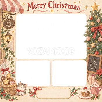 店先のツリーのお店・スタッフのクリスマス写真フレーム｜お菓子とおもてなし・無料イラスト 100288