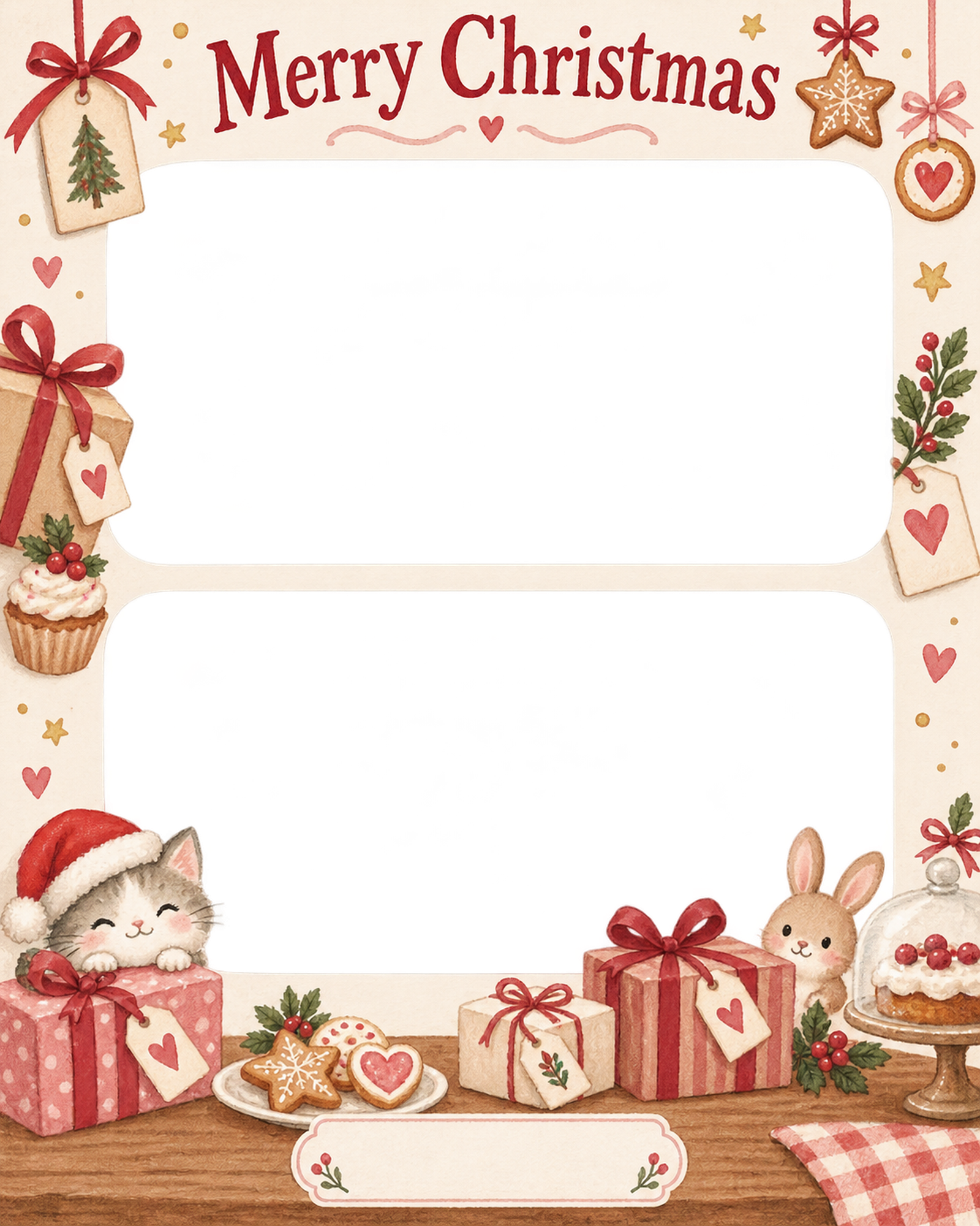 贈り物とタグのお店・スタッフのクリスマス写真フレーム｜お菓子とおもてなし・無料イラスト 100289に写真・文字を入れる