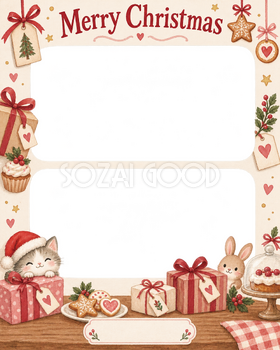 贈り物とタグのお店・スタッフのクリスマス写真フレーム｜お菓子とおもてなし・無料イラスト 100289