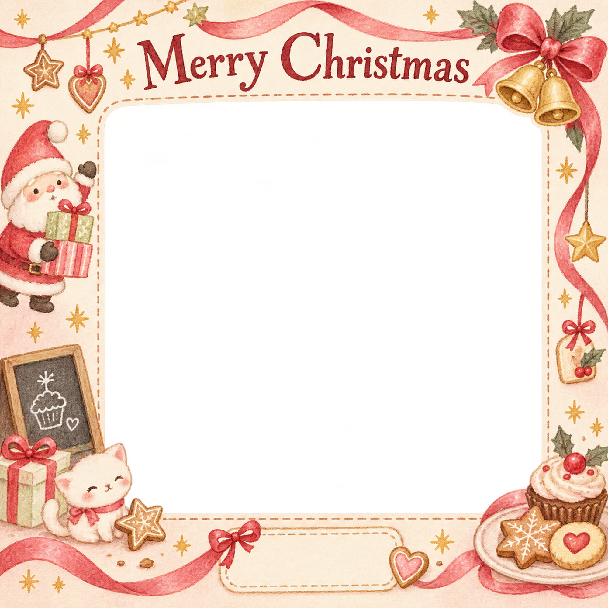 リボンとベルのお店・スタッフのクリスマス写真フレーム｜お菓子とおもてなし・無料イラスト 100290に写真・文字を入れる