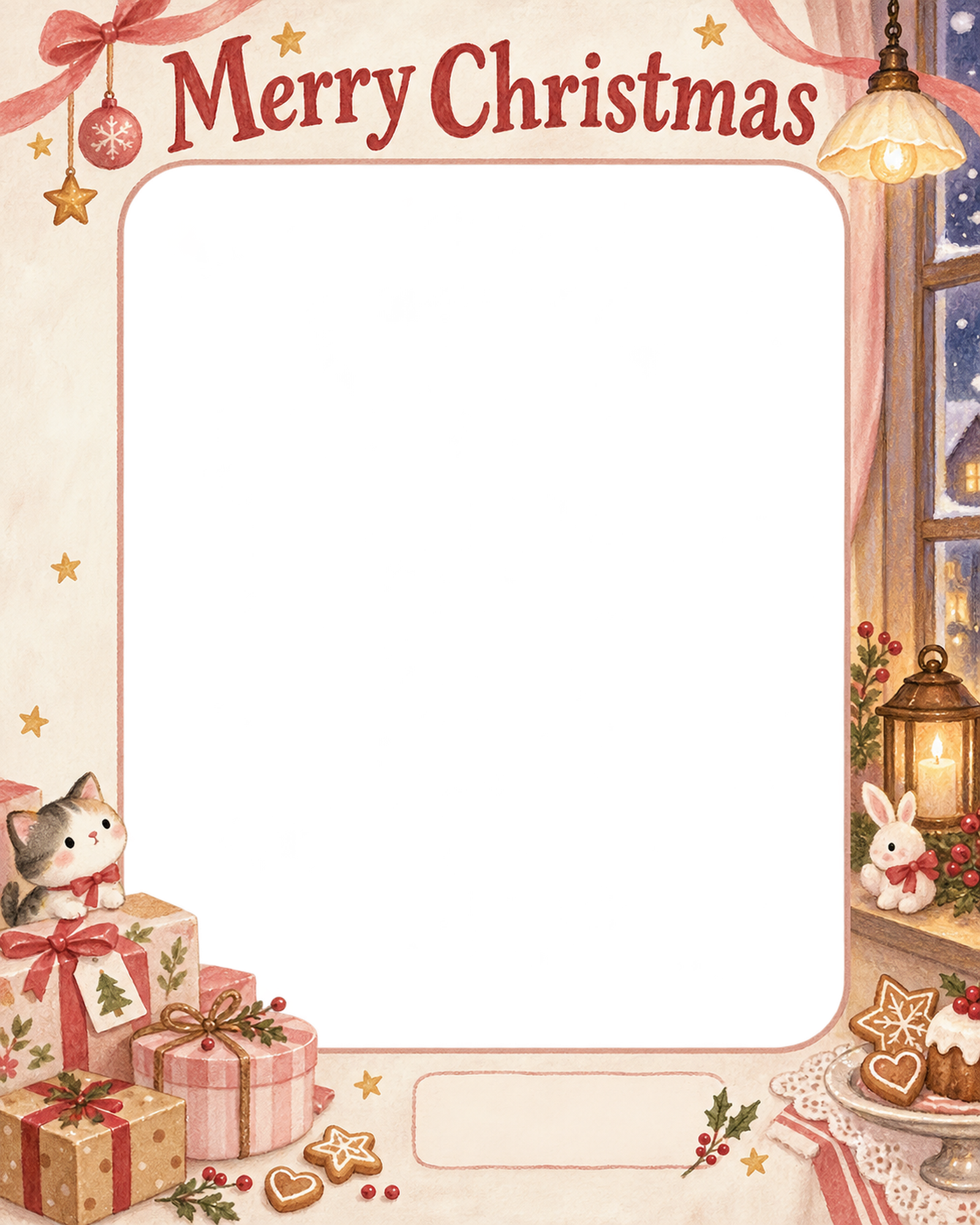 窓辺の灯りのお店・スタッフのクリスマス写真フレーム｜お菓子とおもてなし・無料イラスト 100293に写真・文字を入れる