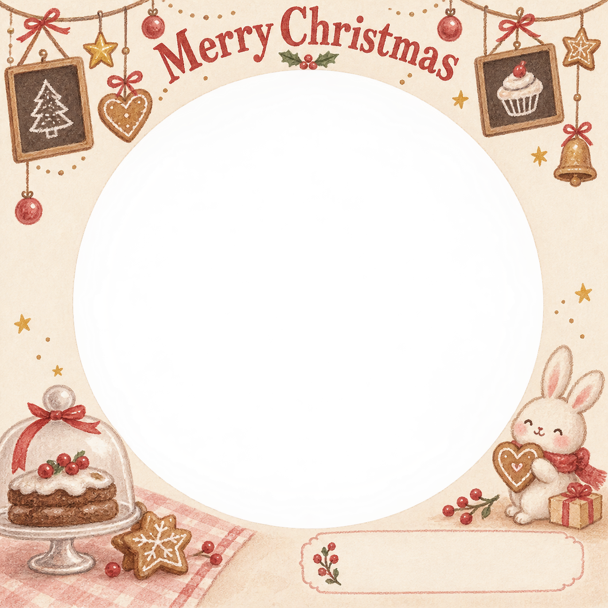 小さな看板の飾りのお店・スタッフのクリスマス写真フレーム｜お菓子とおもてなし・無料イラスト 100294に写真・文字を入れる