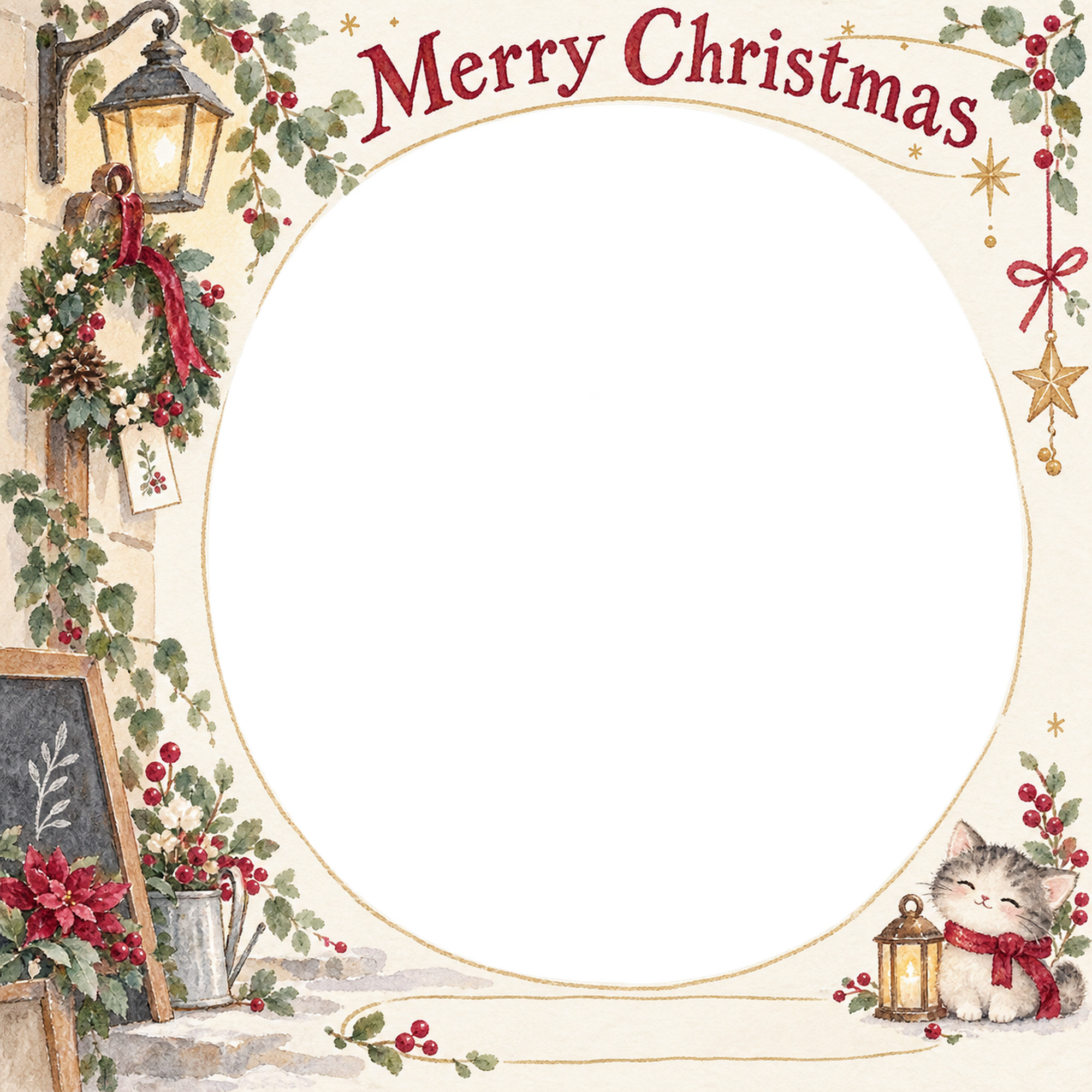 入口の小さなリースのお店・スタッフのクリスマス写真フレーム｜花と冬の贈り物・無料イラスト 100297に写真・文字を入れる