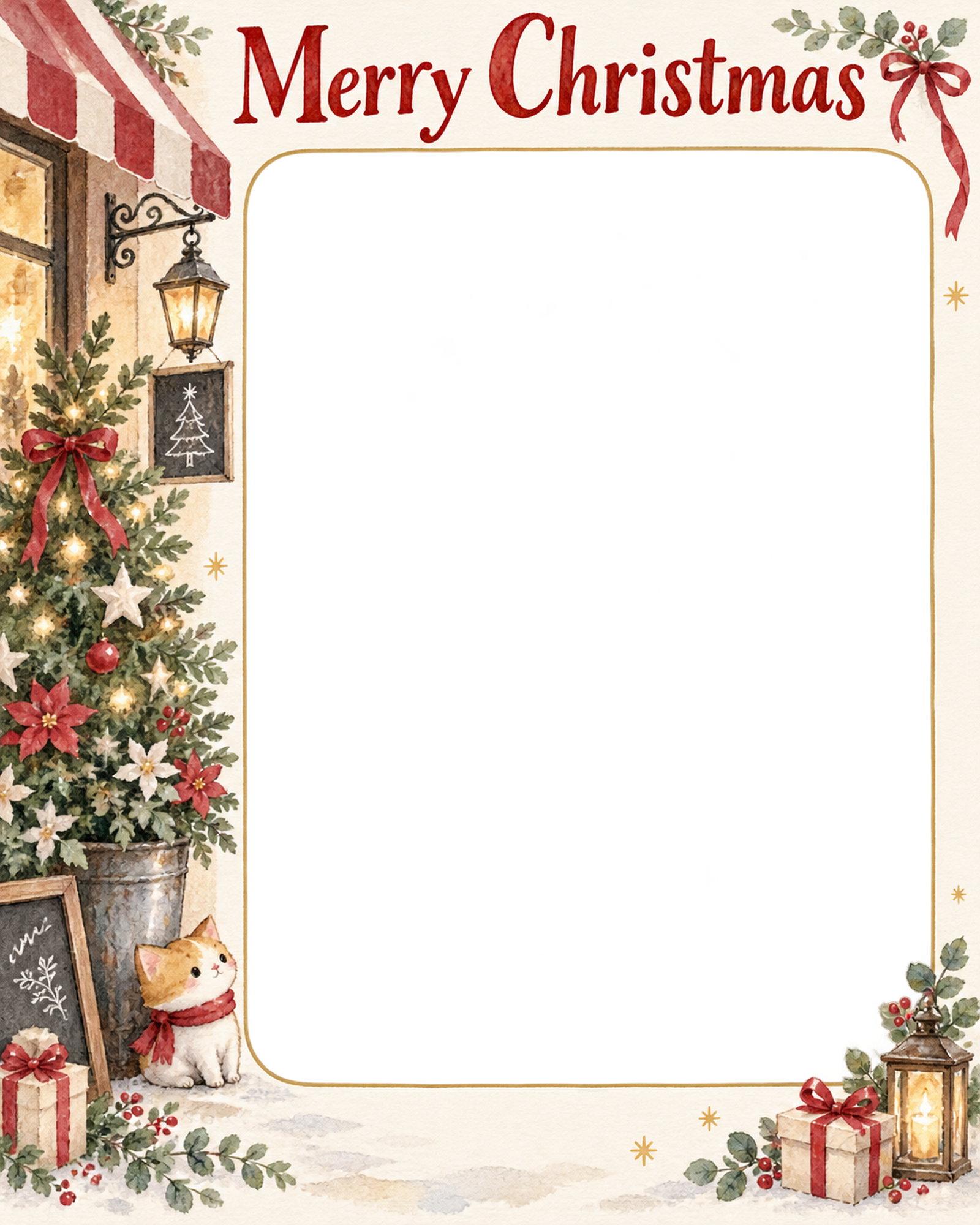 店先のツリーのお店・スタッフのクリスマス写真フレーム｜花と冬の贈り物・無料イラスト 100298に写真・文字を入れる