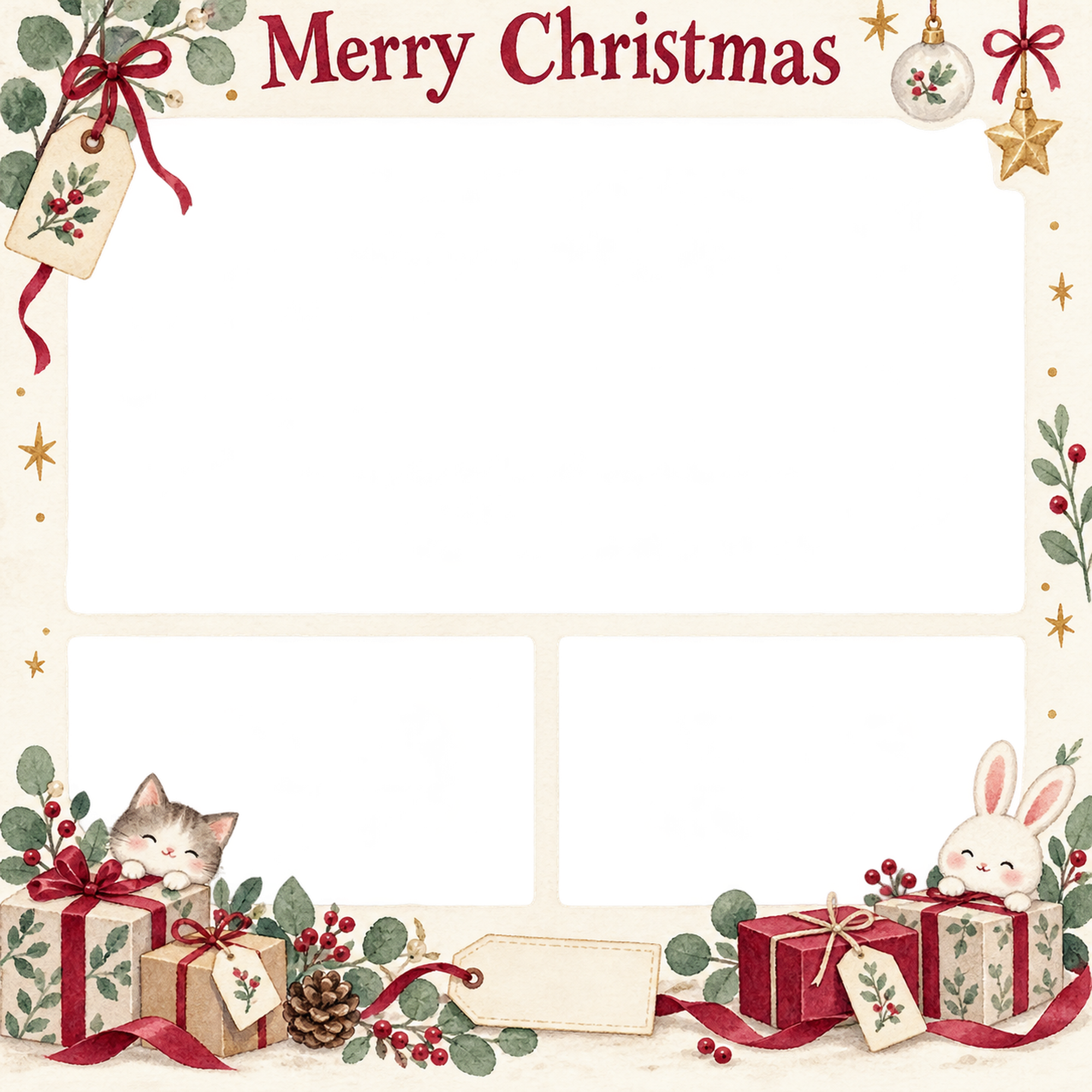 贈り物とタグのお店・スタッフのクリスマス写真フレーム｜花と冬の贈り物・無料イラスト 100299に写真・文字を入れる