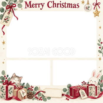 贈り物とタグのお店・スタッフのクリスマス写真フレーム｜花と冬の贈り物・無料イラスト 100299