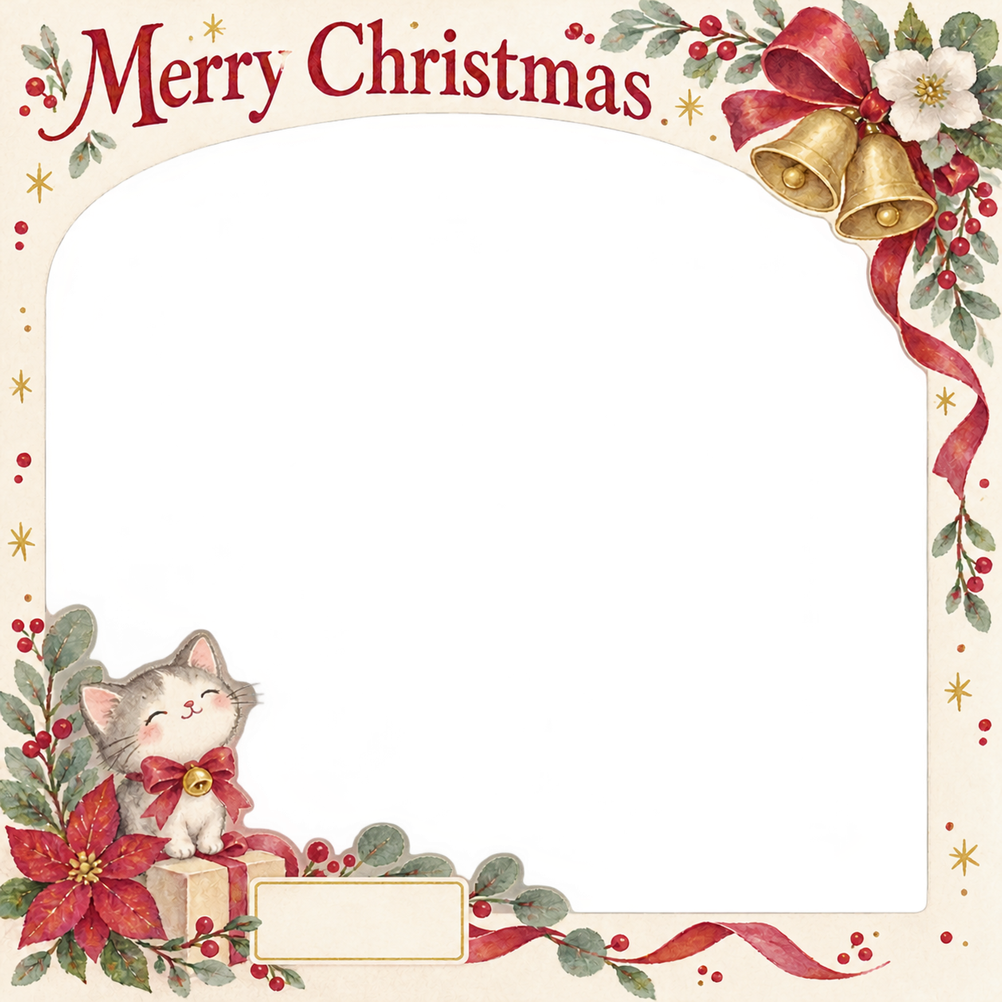 リボンとベルのお店・スタッフのクリスマス写真フレーム｜花と冬の贈り物・無料イラスト 100300に写真・文字を入れる