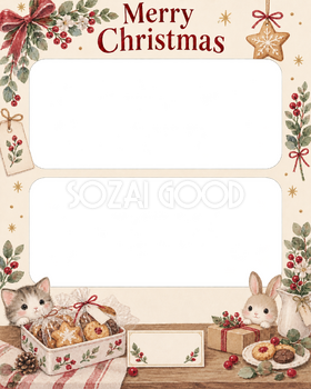 焼き菓子の包みのお店・スタッフのクリスマス写真フレーム｜花と冬の贈り物・無料イラスト 100302