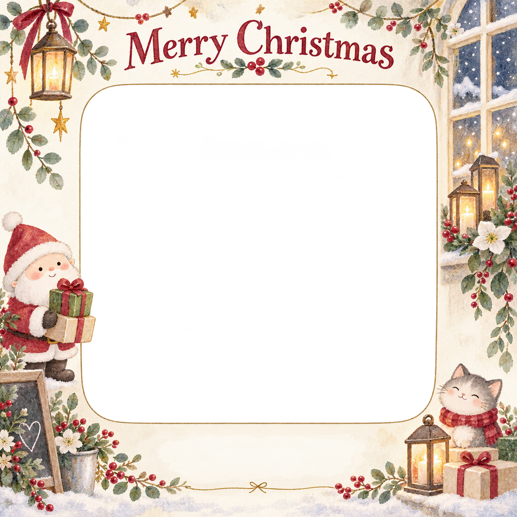 窓辺の灯りのお店・スタッフのクリスマス写真フレーム｜花と冬の贈り物・無料イラスト 100303に写真・文字を入れる