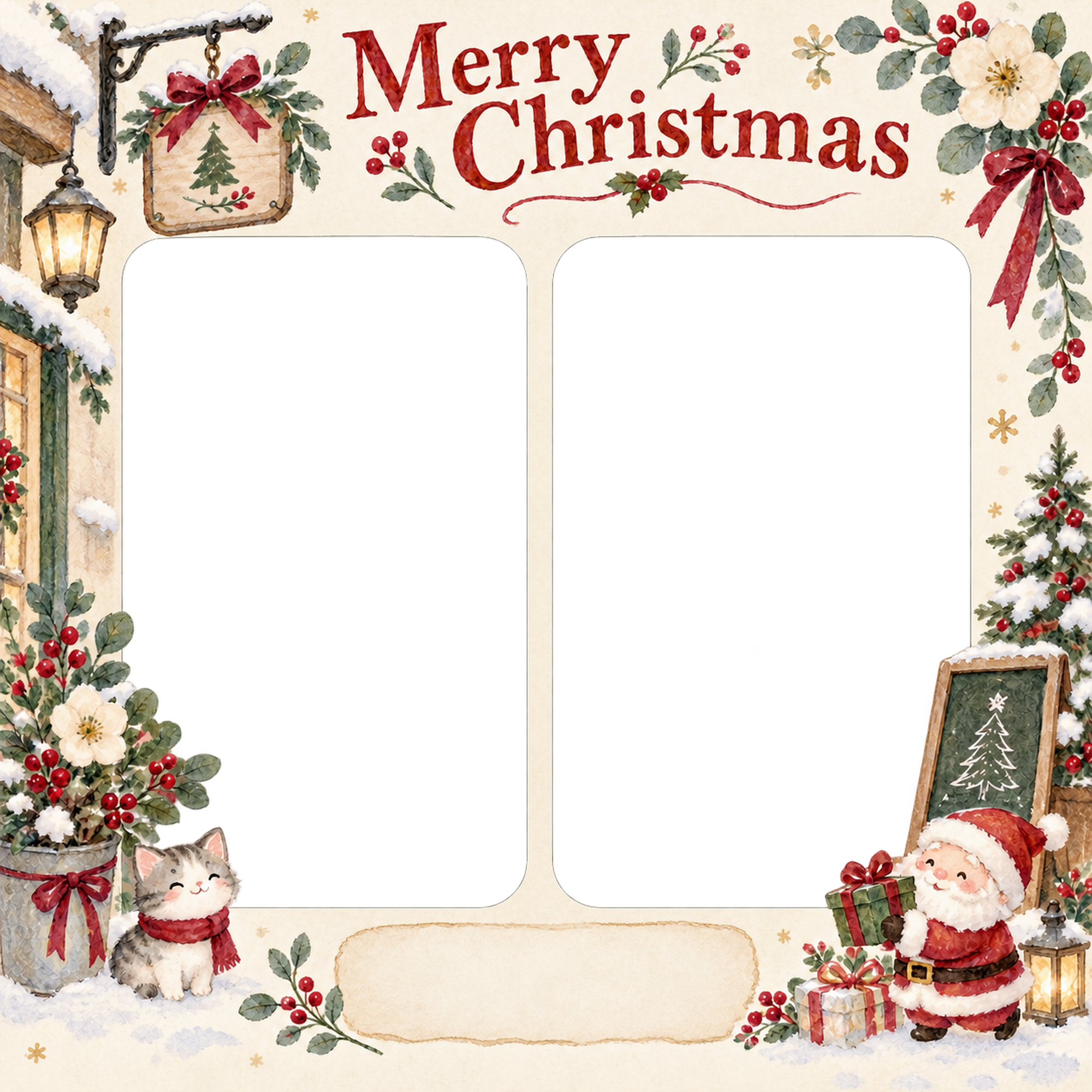 小さな看板の飾りのお店・スタッフのクリスマス写真フレーム｜花と冬の贈り物・無料イラスト 100304に写真・文字を入れる