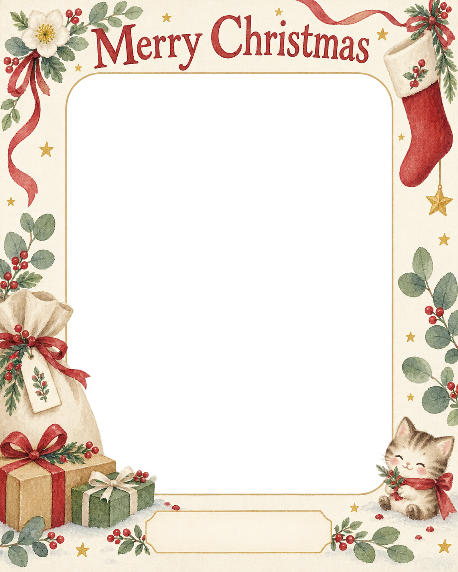 くつしたと袋のお店・スタッフのクリスマス写真フレーム｜花と冬の贈り物・無料イラスト 100306に写真・文字を入れる