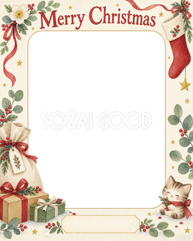 くつしたと袋のお店・スタッフのクリスマス写真フレーム｜花と冬の贈り物・無料イラスト 100306