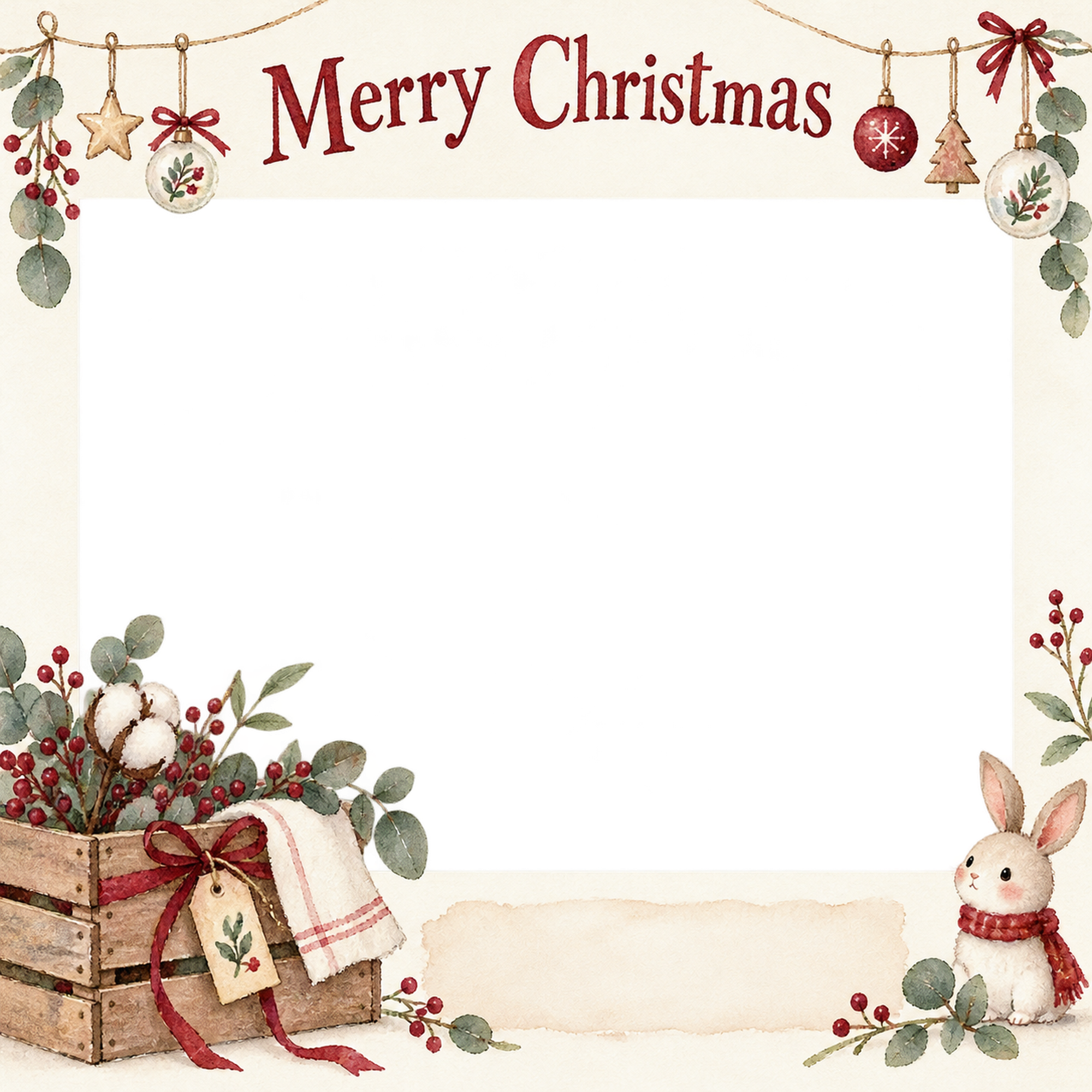 木箱と冬の枝のお店・スタッフのクリスマス写真フレーム｜花と冬の贈り物・無料イラスト 100307に写真・文字を入れる