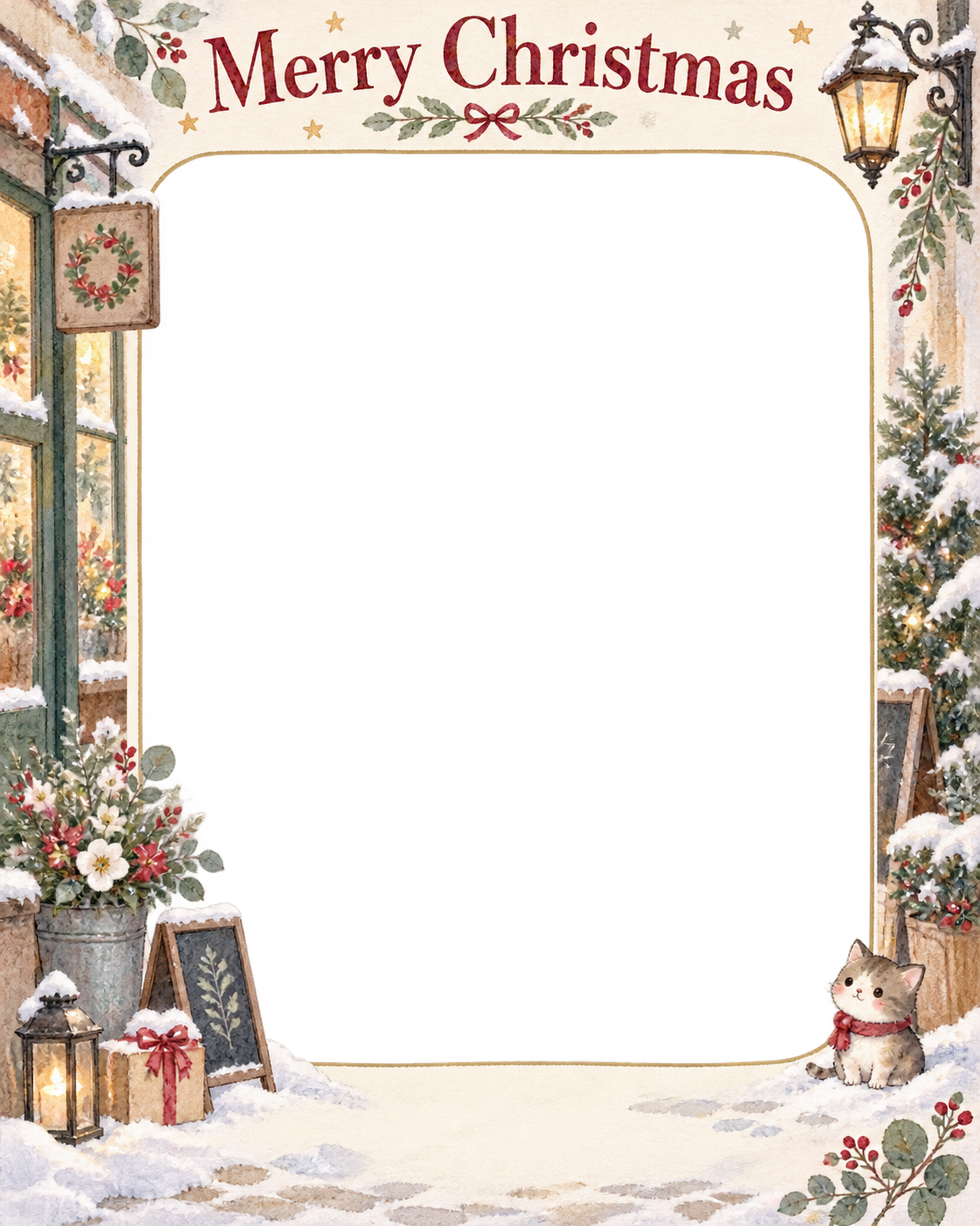 雪の日の店先のお店・スタッフのクリスマス写真フレーム｜花と冬の贈り物・無料イラスト 100308に写真・文字を入れる