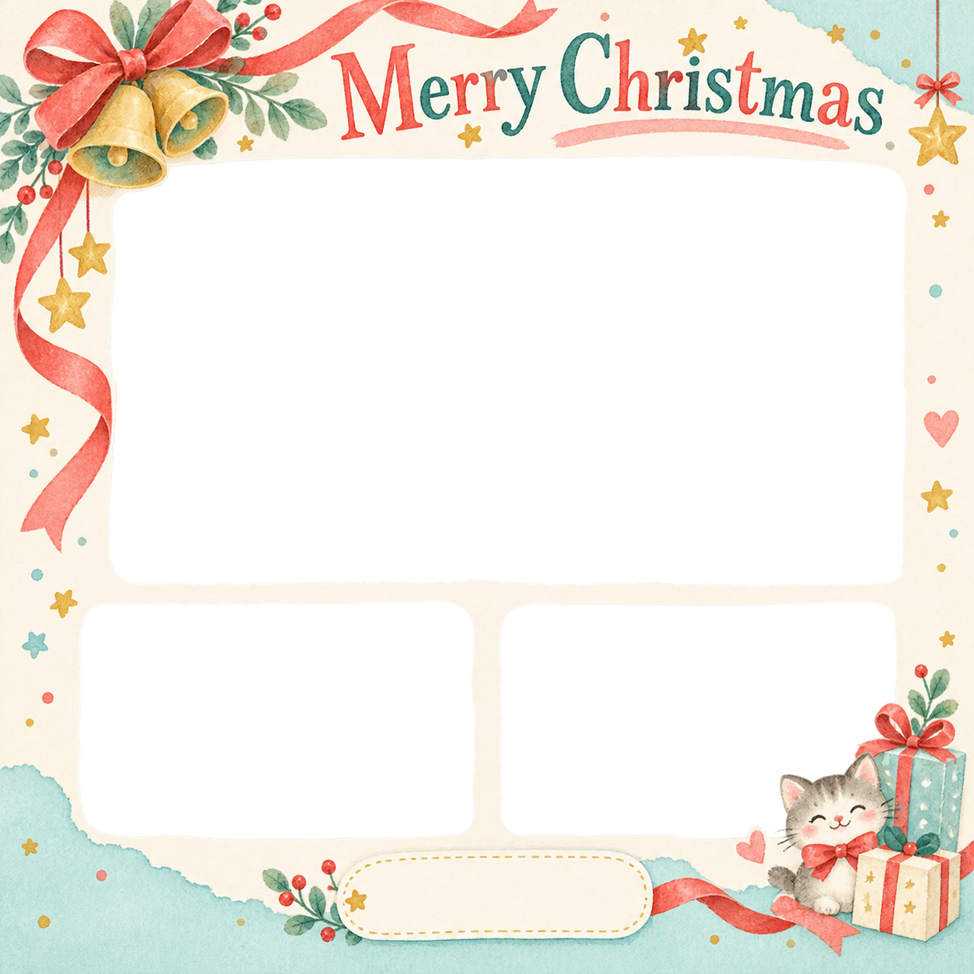 リボンとベルのお店・スタッフのクリスマス写真フレーム｜明るい紙細工・無料イラスト 100310に写真・文字を入れる