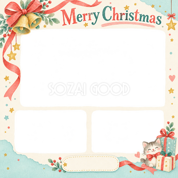 リボンとベルのお店・スタッフのクリスマス写真フレーム｜明るい紙細工・無料イラスト 100310