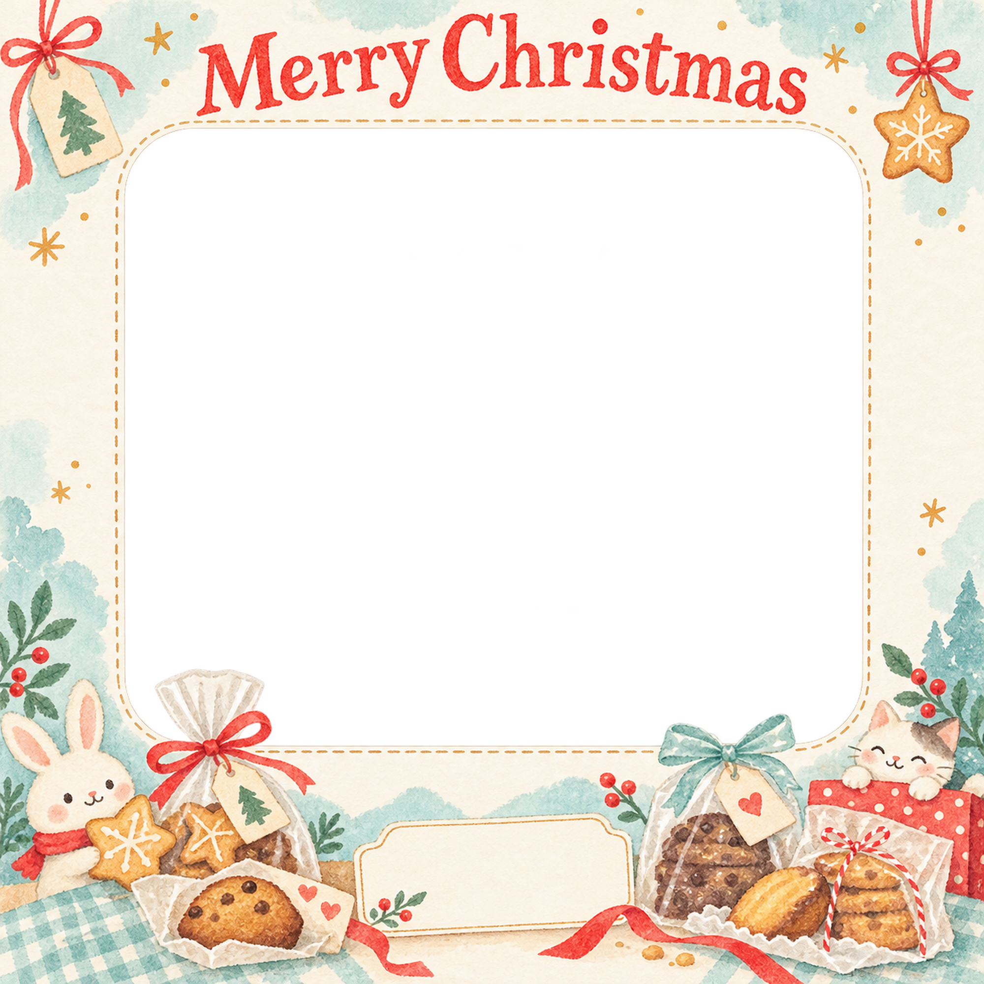 焼き菓子の包みのお店・スタッフのクリスマス写真フレーム｜明るい紙細工・無料イラスト 100312に写真・文字を入れる