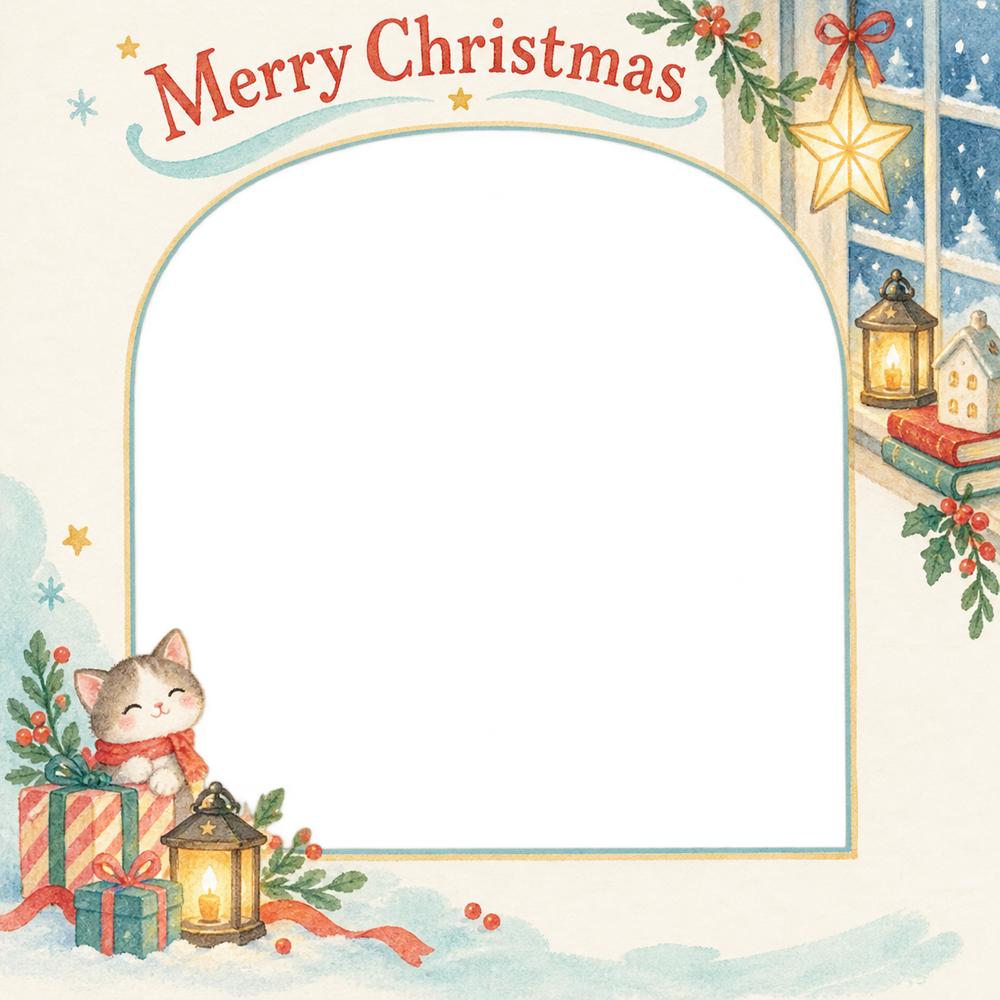 窓辺の灯りのお店・スタッフのクリスマス写真フレーム｜明るい紙細工・無料イラスト 100313に写真・文字を入れる