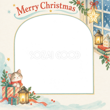 窓辺の灯りのお店・スタッフのクリスマス写真フレーム｜明るい紙細工・無料イラスト 100313