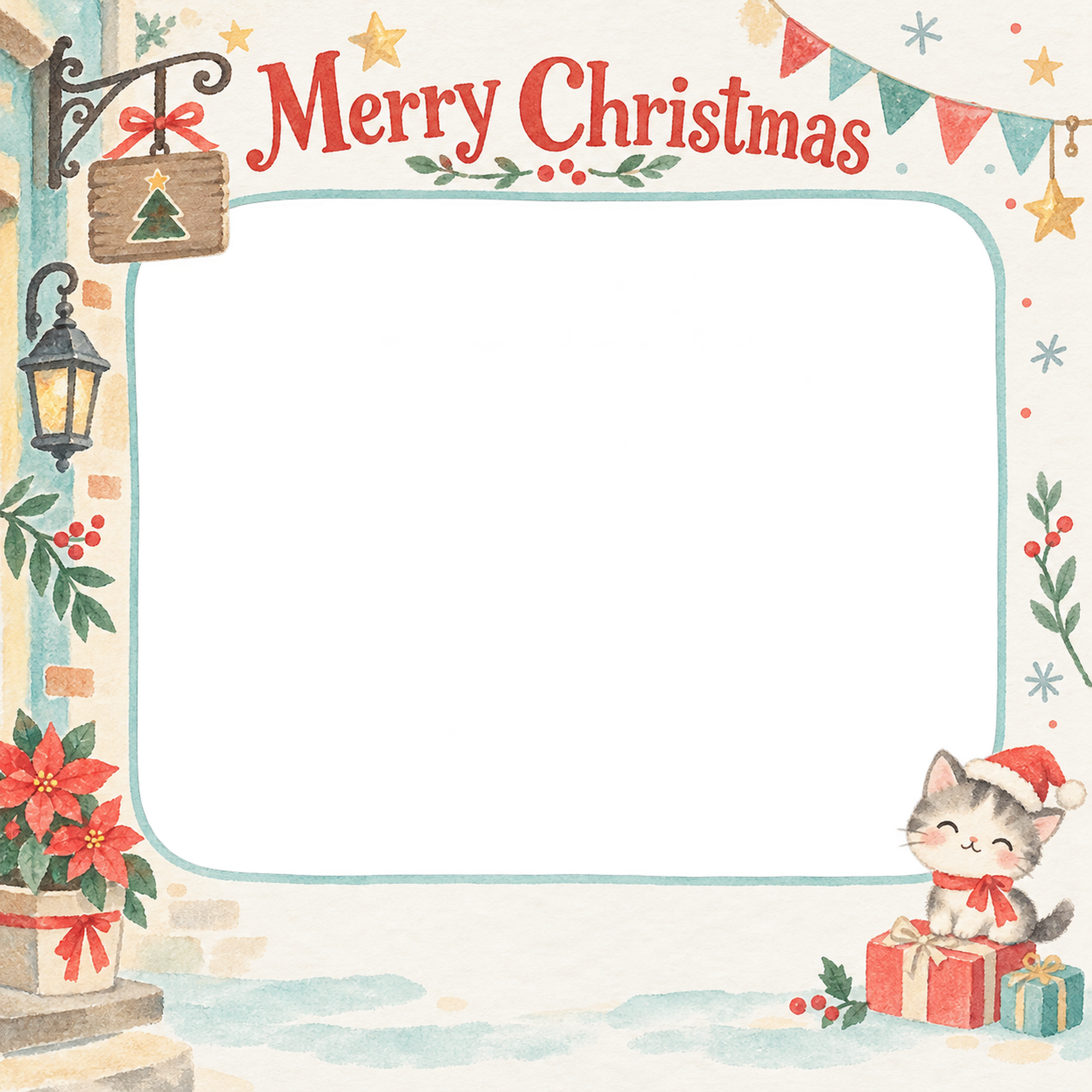 小さな看板の飾りのお店・スタッフのクリスマス写真フレーム｜明るい紙細工・無料イラスト 100314に写真・文字を入れる