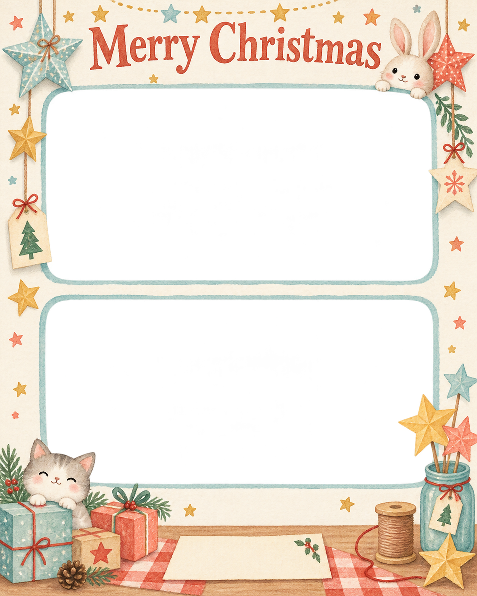 手作りの星のお店・スタッフのクリスマス写真フレーム｜明るい紙細工・無料イラスト 100315に写真・文字を入れる