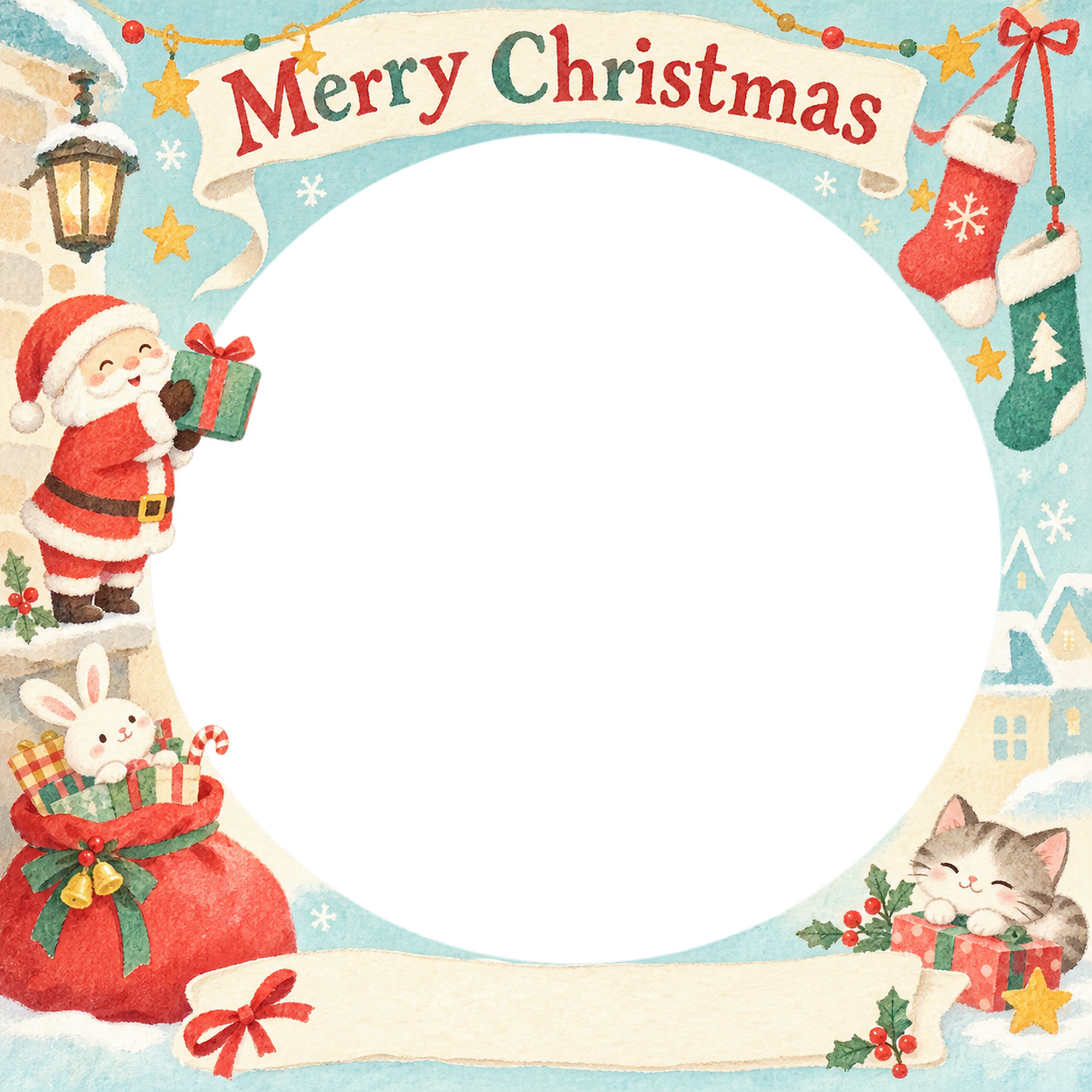くつしたと袋のお店・スタッフのクリスマス写真フレーム｜明るい紙細工・無料イラスト 100316に写真・文字を入れる