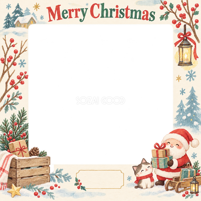 木箱と冬の枝のクリスマス枠