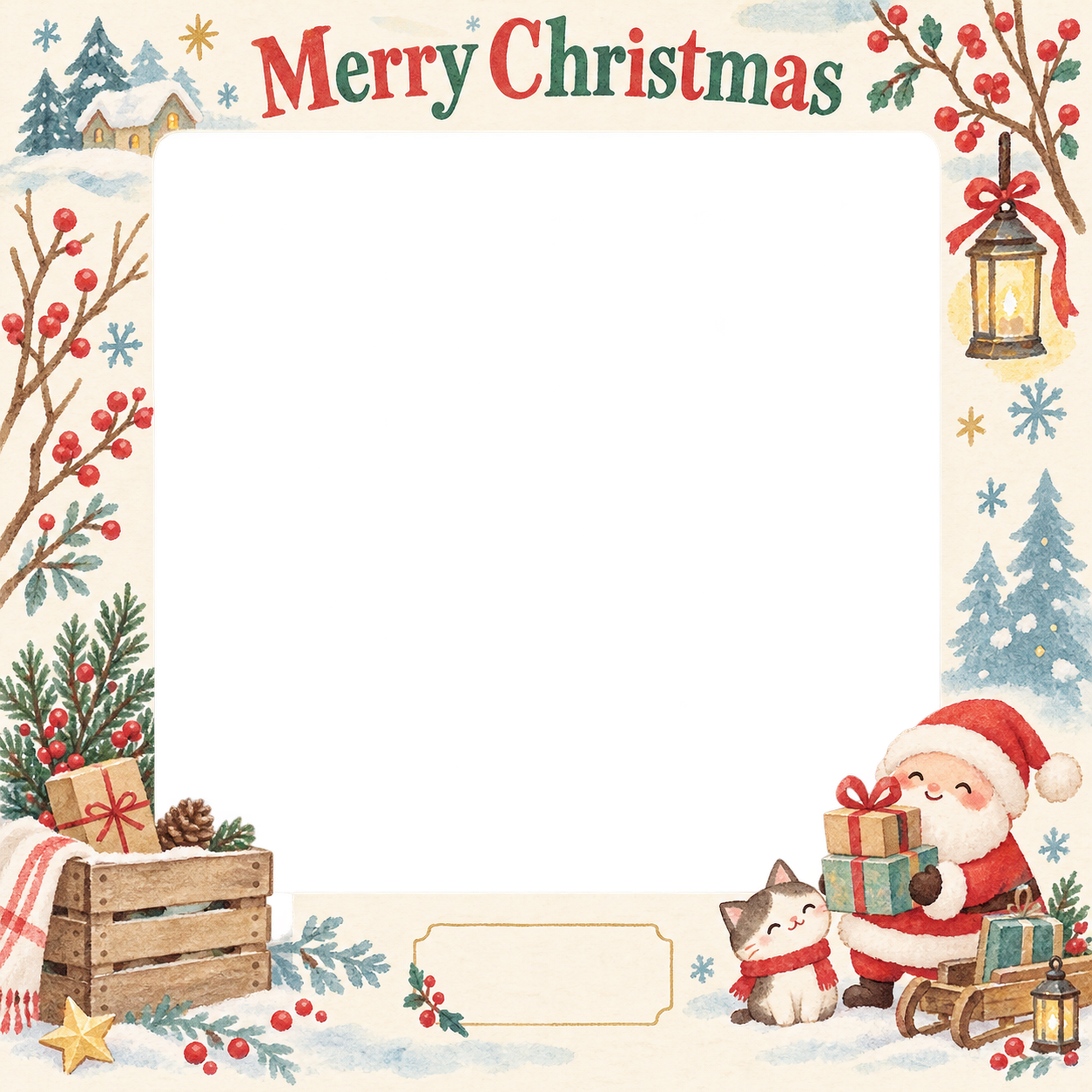 木箱と冬の枝のお店・スタッフのクリスマス写真フレーム｜明るい紙細工・無料イラスト 100317に写真・文字を入れる