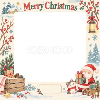 木箱と冬の枝のお店・スタッフのクリスマス写真フレーム｜明るい紙細工・無料イラスト 100317