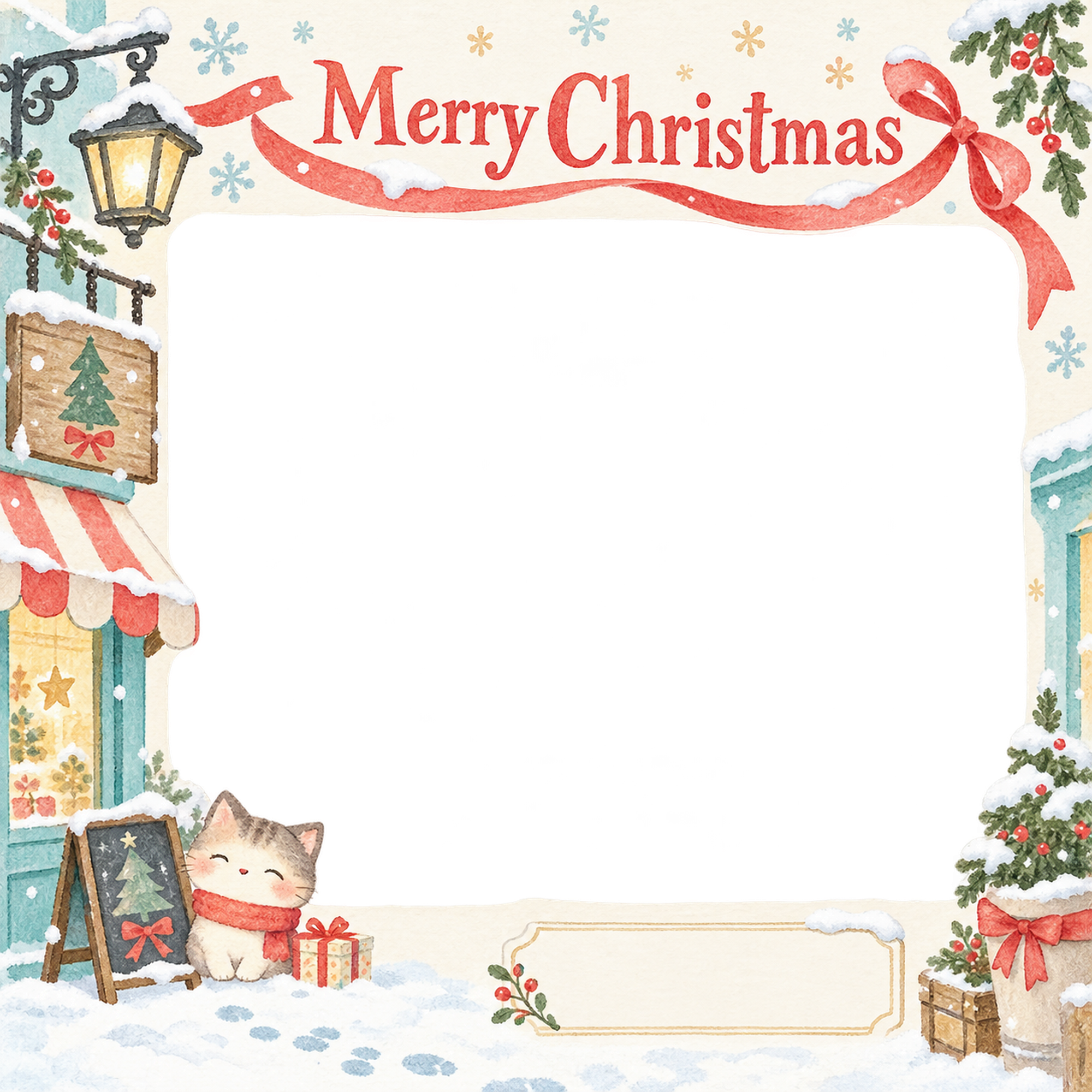 雪の日の店先のお店・スタッフのクリスマス写真フレーム｜明るい紙細工・無料イラスト 100318に写真・文字を入れる