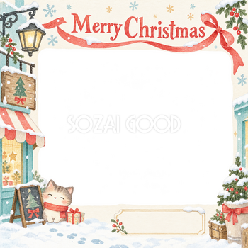 雪の日の店先のお店・スタッフのクリスマス写真フレーム｜明るい紙細工・無料イラスト 100318