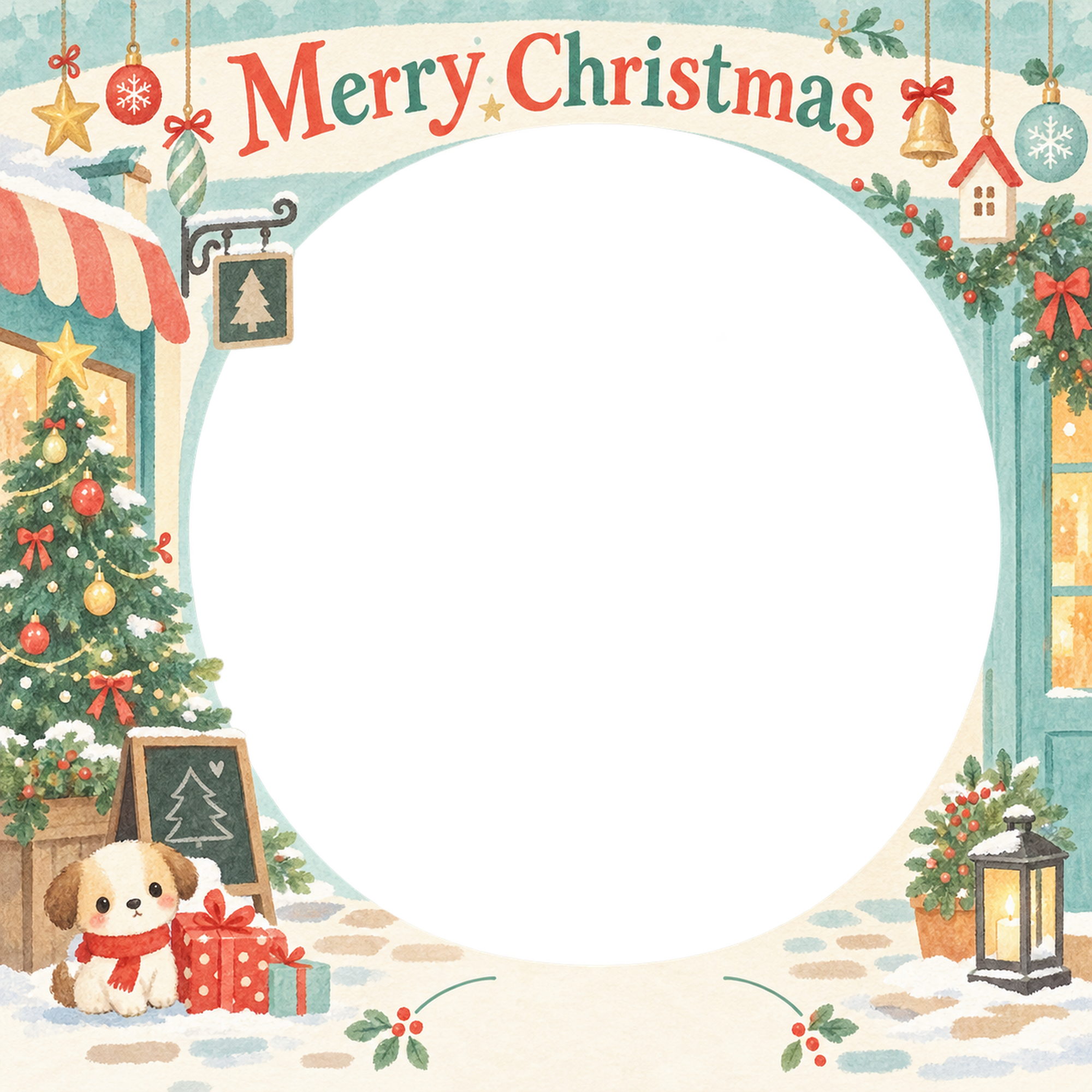 店先のツリーのお店・スタッフのクリスマス写真フレーム｜明るい紙細工・無料イラスト 100320に写真・文字を入れる