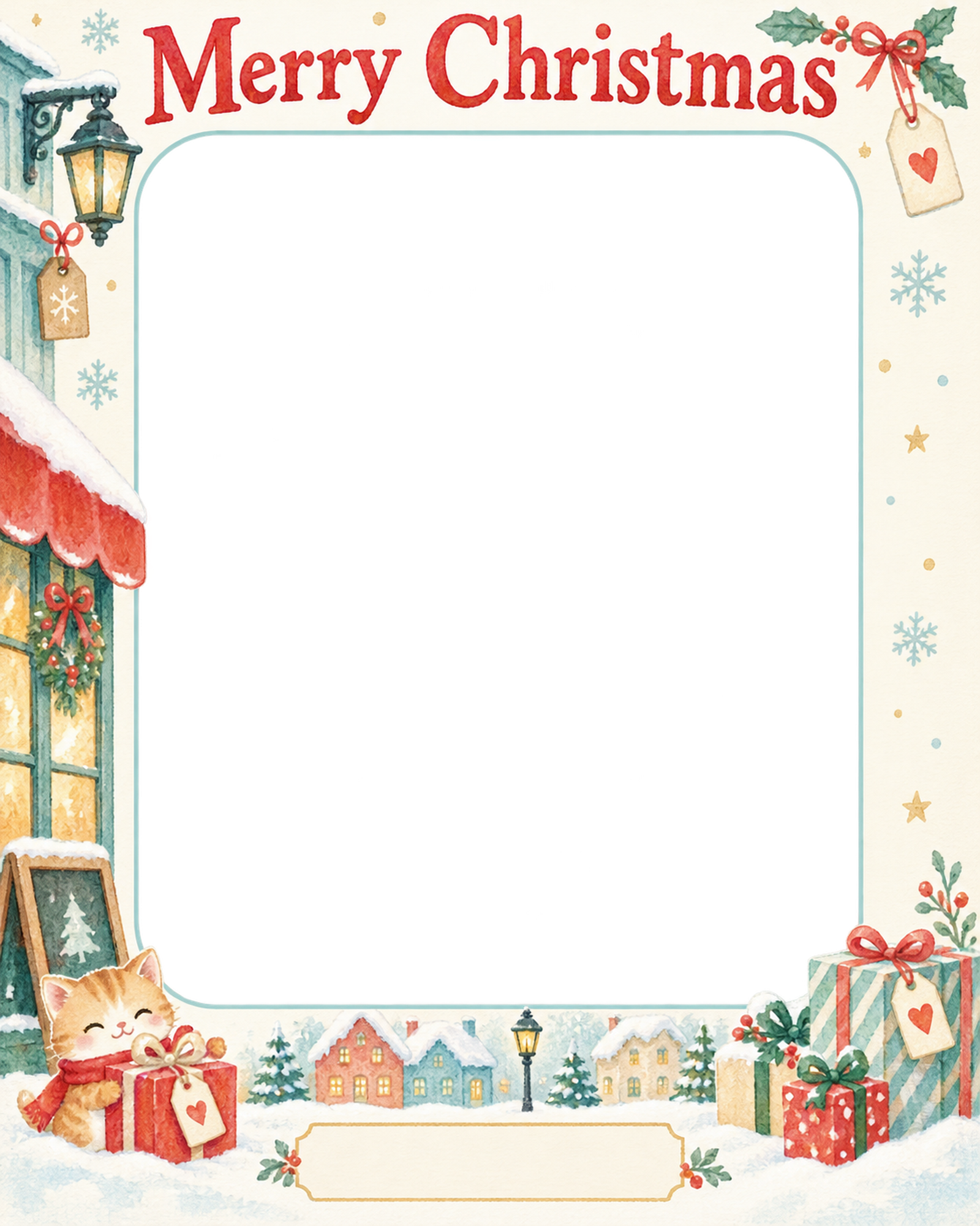 贈り物とタグのお店・スタッフのクリスマス写真フレーム｜明るい紙細工・無料イラスト 100321に写真・文字を入れる