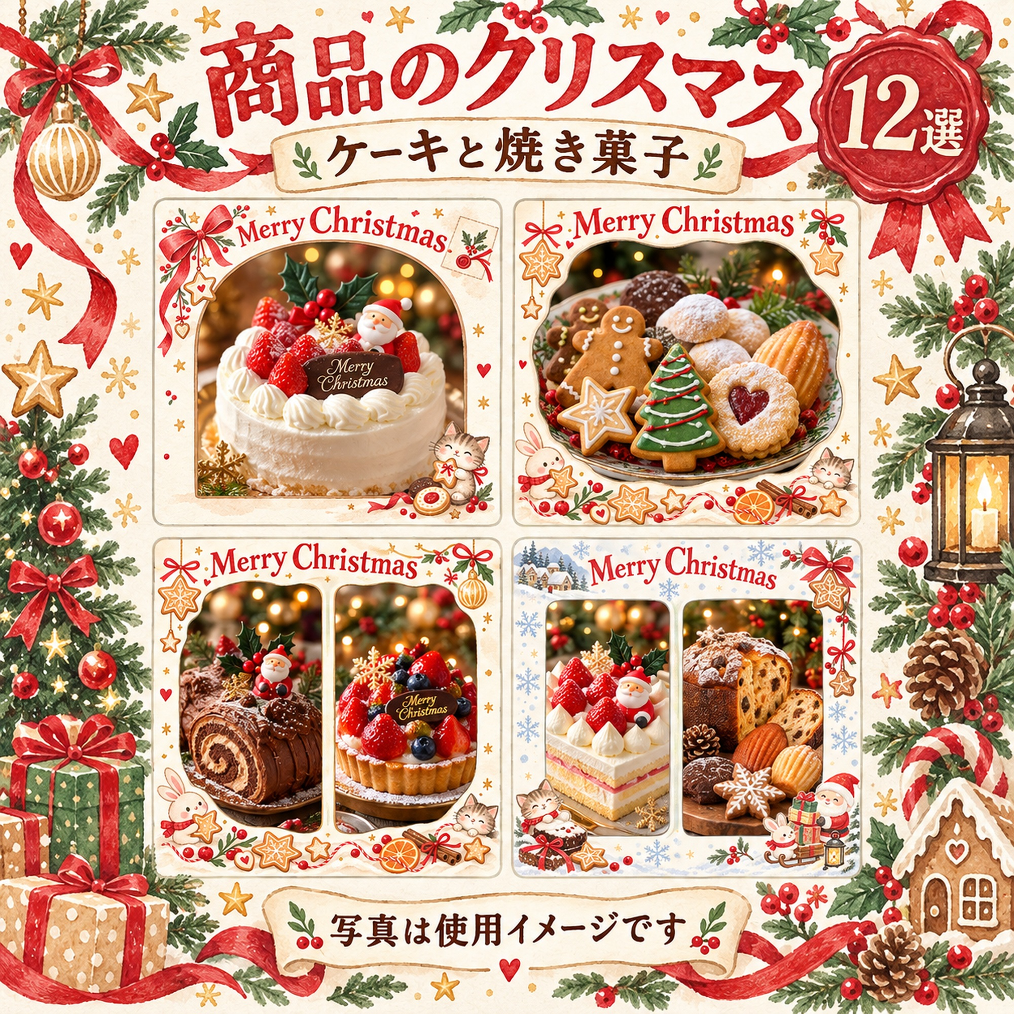 商品・作品を飾るクリスマス写真フレーム12選｜ケーキと焼き菓子の無料イラスト素材 100322に写真・文字を入れる
